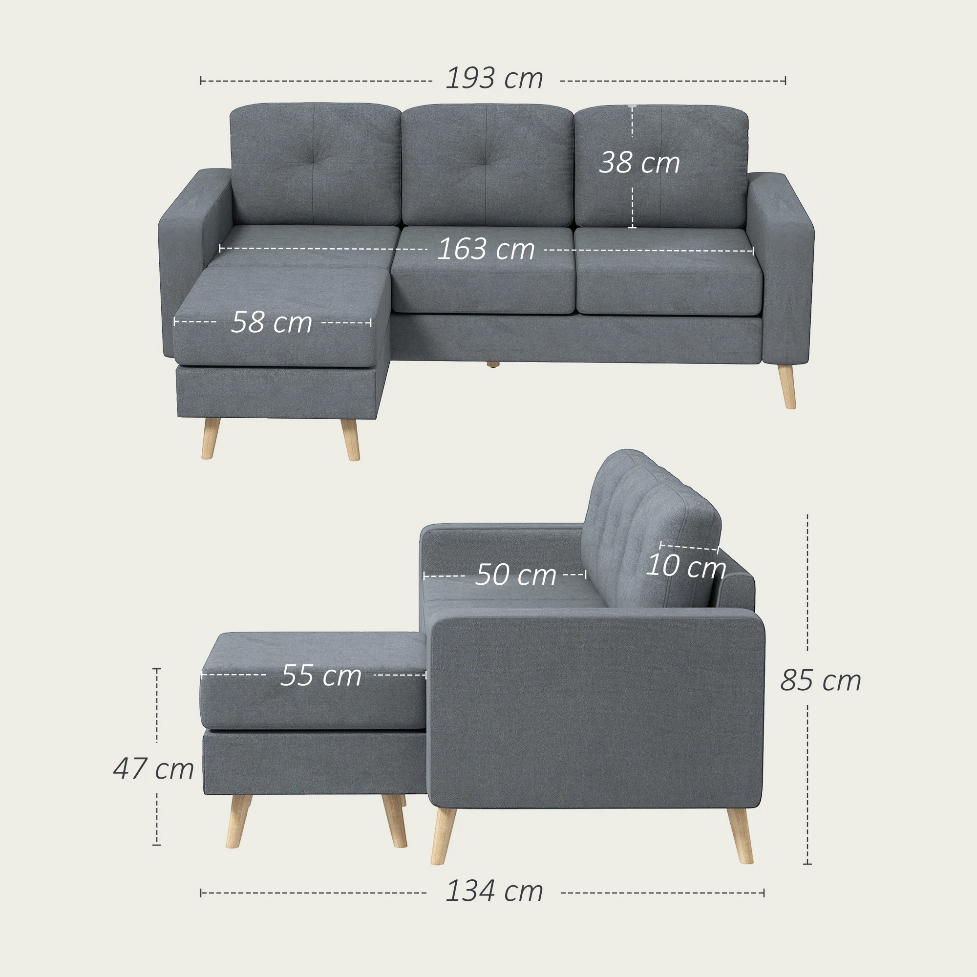 HOMCOM 3-Seater L-Shaped Linen Sofa w/ Sponge Seat Back Cushions, Dark Grey - Image 5