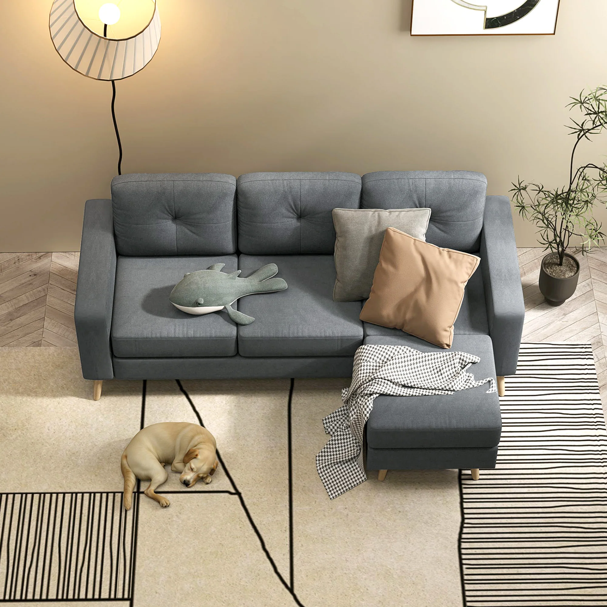 HOMCOM 3-Seater L-Shaped Linen Sofa w/ Sponge Seat Back Cushions, Dark Grey - Image 9