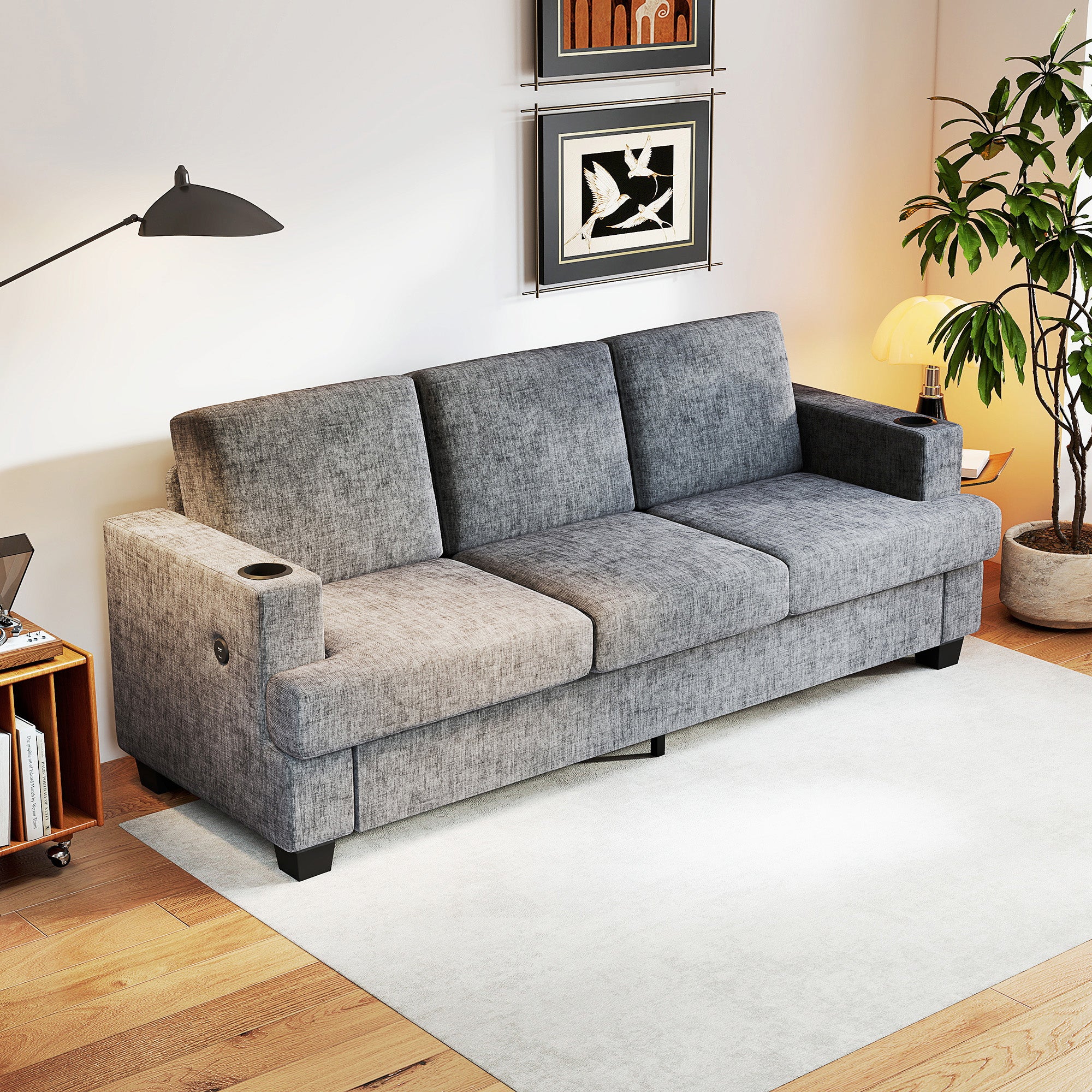 HOMCOM 3 Seater Sofa, Fabric Sofa With USB Ports And Cup Holders, - Image 18