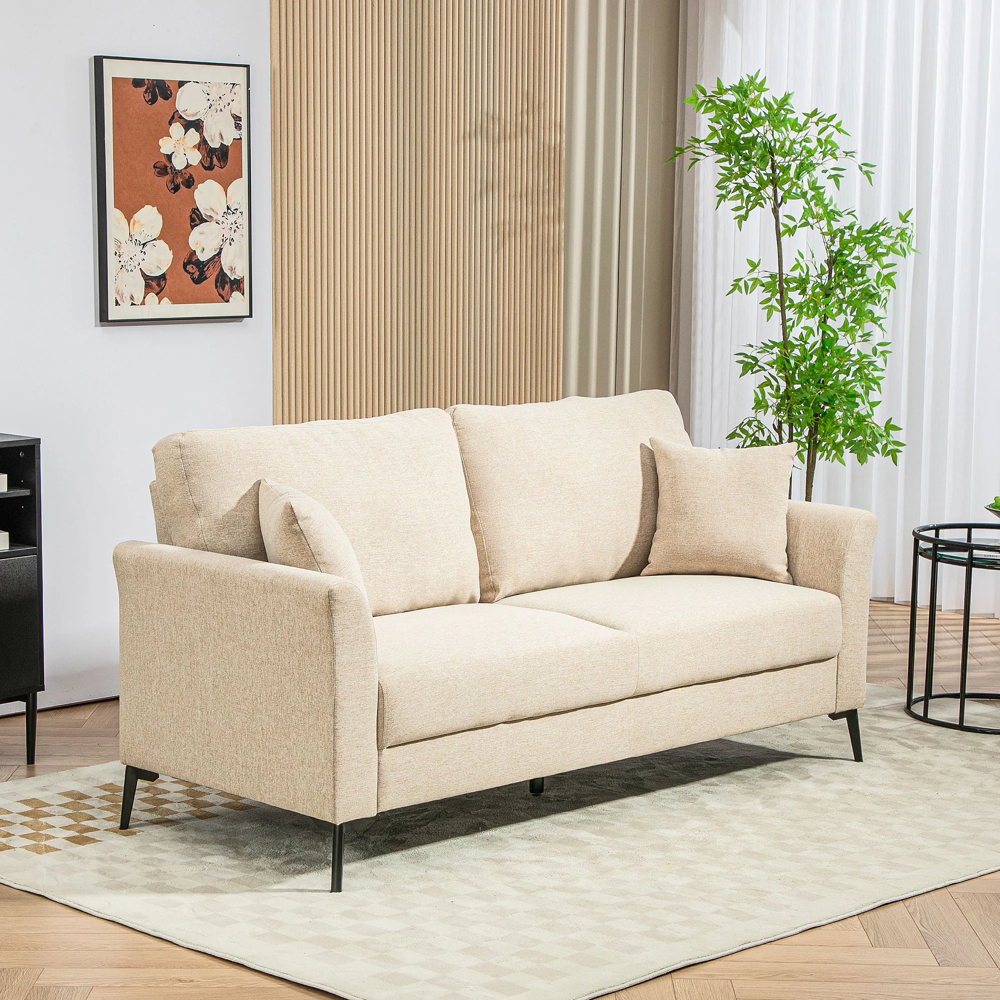 HOMCOM 3 Seater Sofa, Linen Fabric Sofa for Living Room, Beige - Image 2
