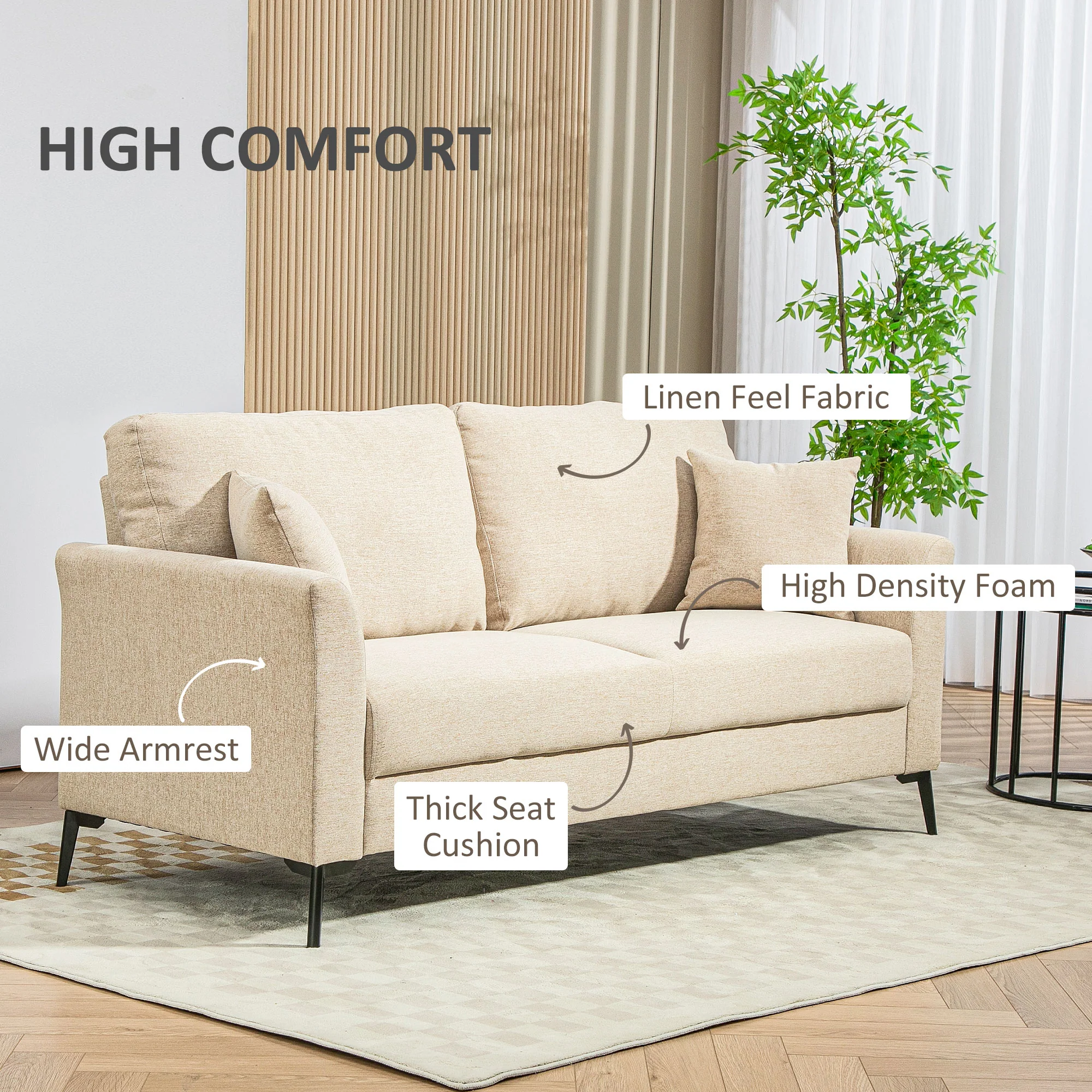 HOMCOM 3 Seater Sofa, Linen Fabric Sofa for Living Room, Beige - Image 4