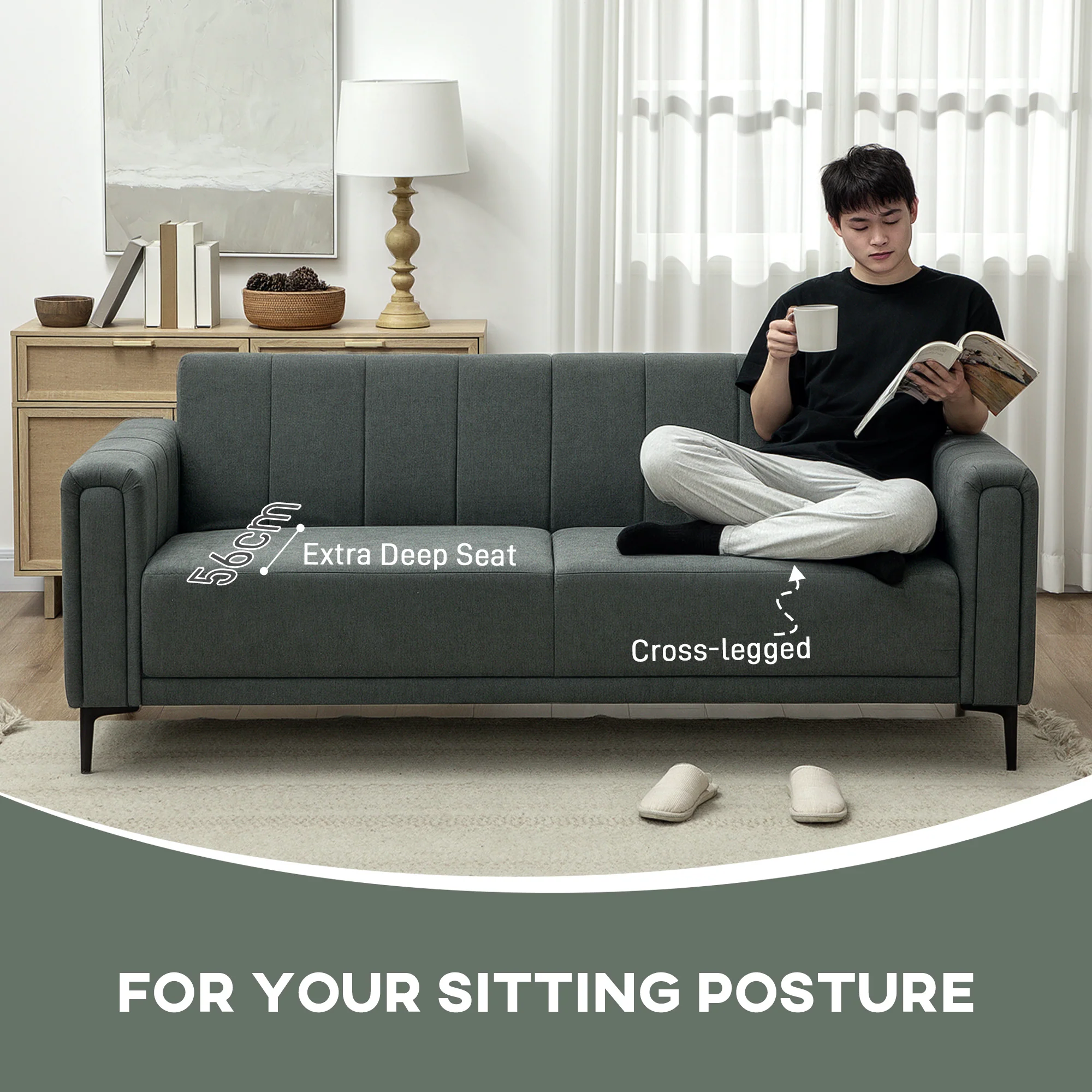HOMCOM 3 Seater Sofa, Modern Fabric Couch with Channel Tufted - Image 4
