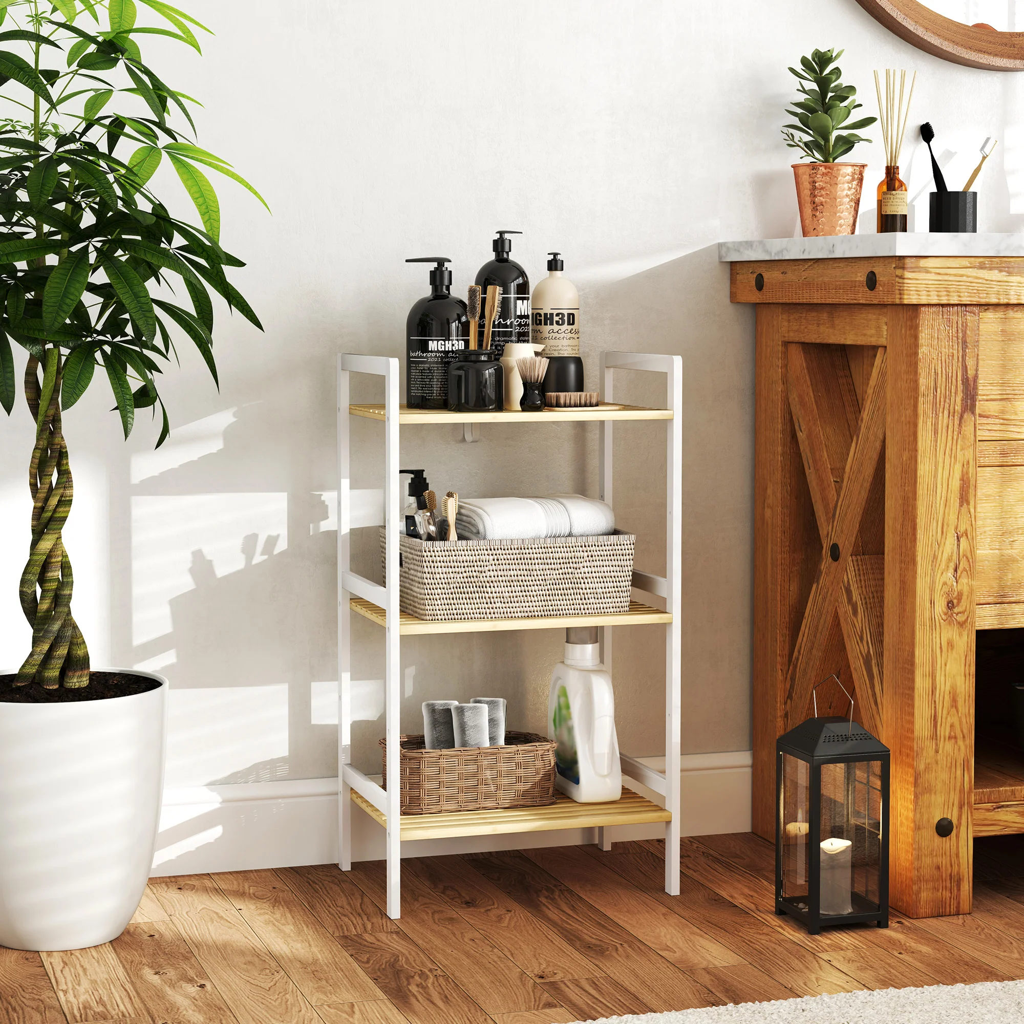 HOMCOM 3-Tier Bamboo Bathroom Storage Shelf with Adjustable Rack, Natural - Image 11