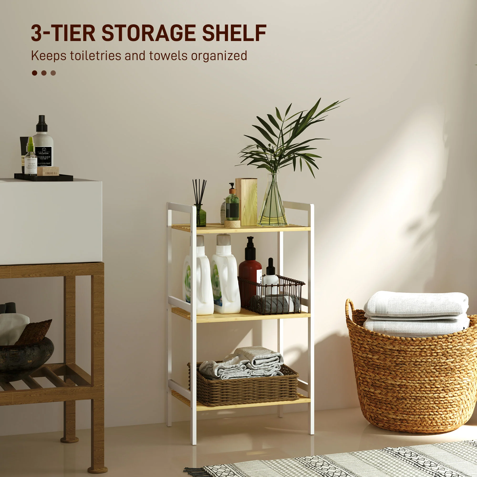 HOMCOM 3-Tier Bamboo Bathroom Storage Shelf with Adjustable Rack, Natural - Image 12