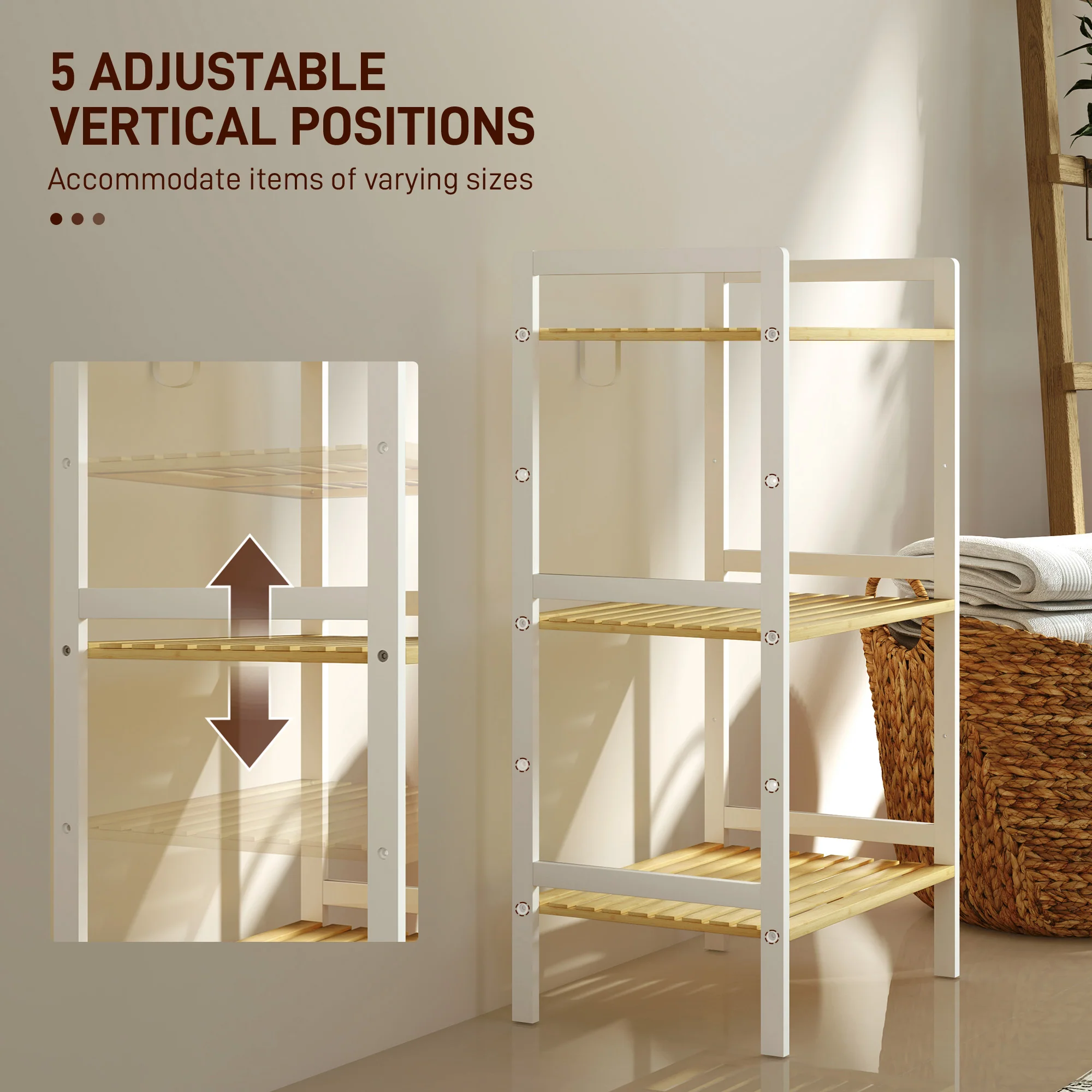 HOMCOM 3-Tier Bamboo Bathroom Storage Shelf with Adjustable Rack, Natural - Image 13