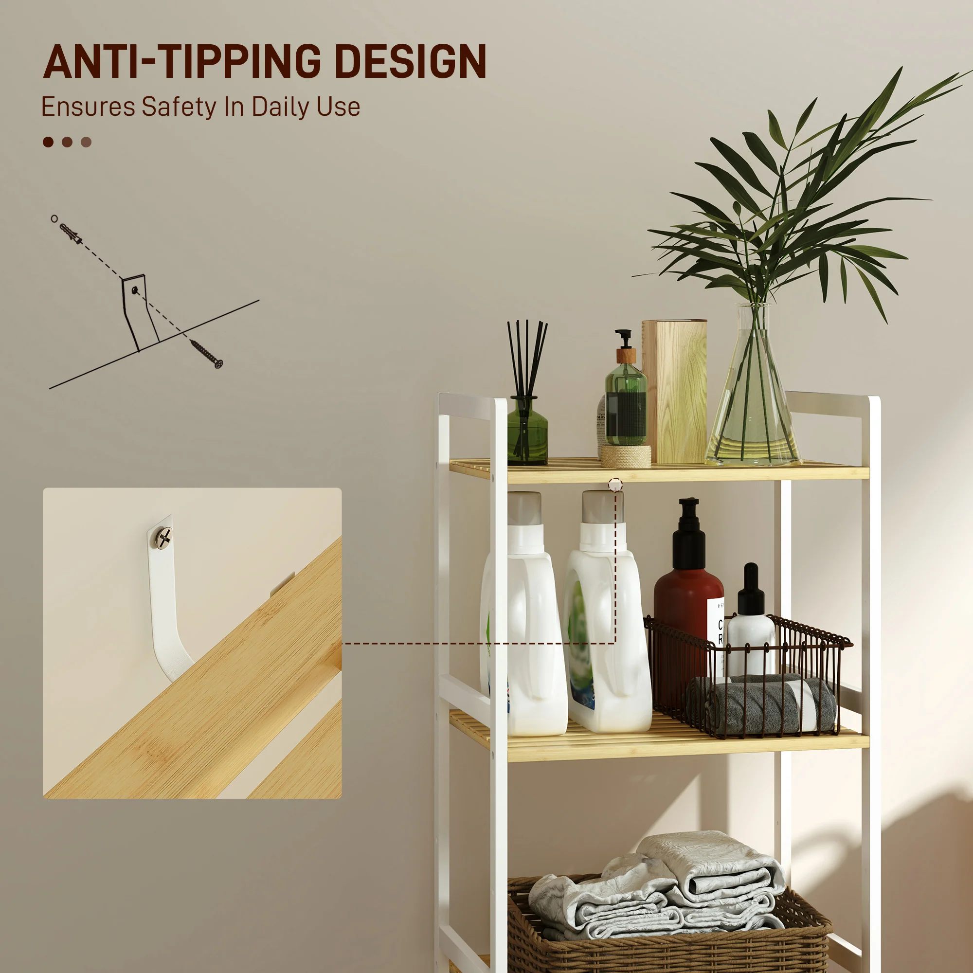 HOMCOM 3-Tier Bamboo Bathroom Storage Shelf with Adjustable Rack, Natural - Image 15