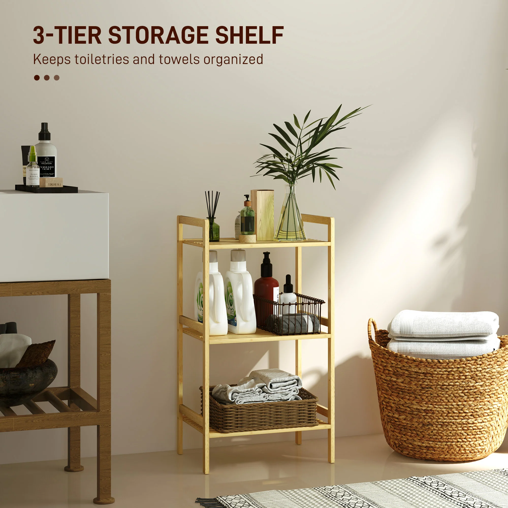 HOMCOM 3-Tier Bamboo Bathroom Storage Shelf with Adjustable Rack, Natural - Image 3