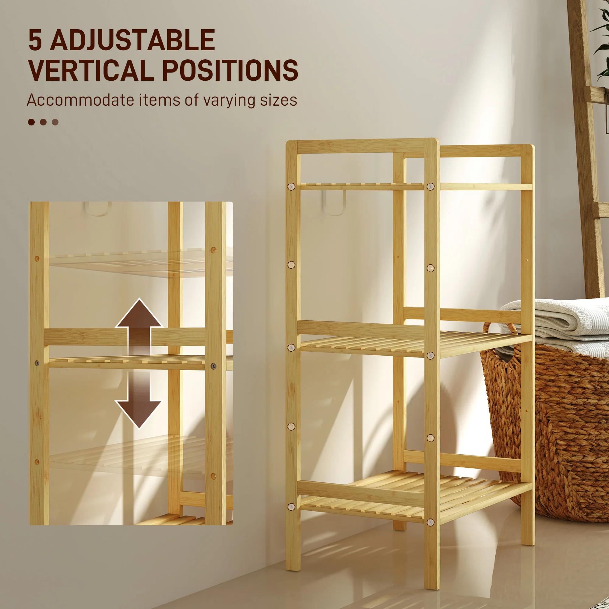 HOMCOM 3-Tier Bamboo Bathroom Storage Shelf with Adjustable Rack, Natural - Image 4