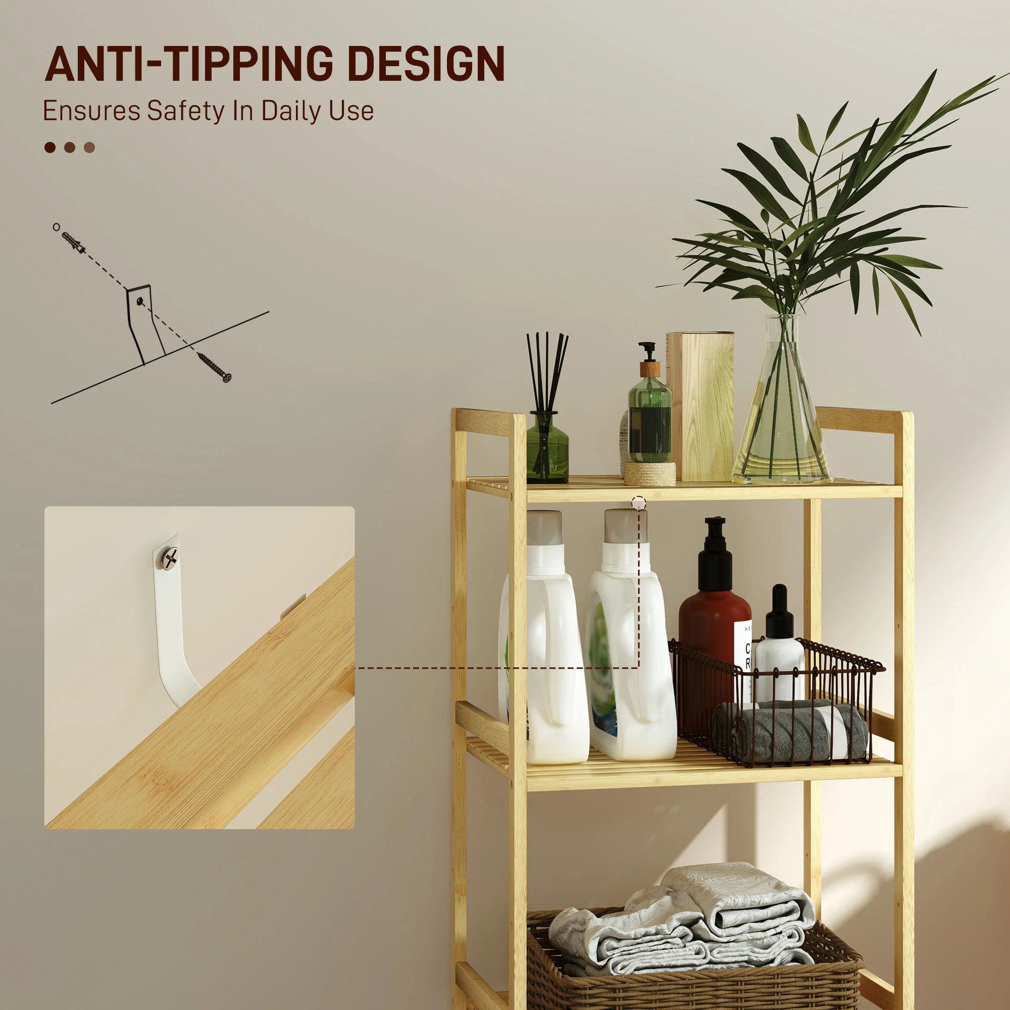 HOMCOM 3-Tier Bamboo Bathroom Storage Shelf with Adjustable Rack, Natural - Image 6