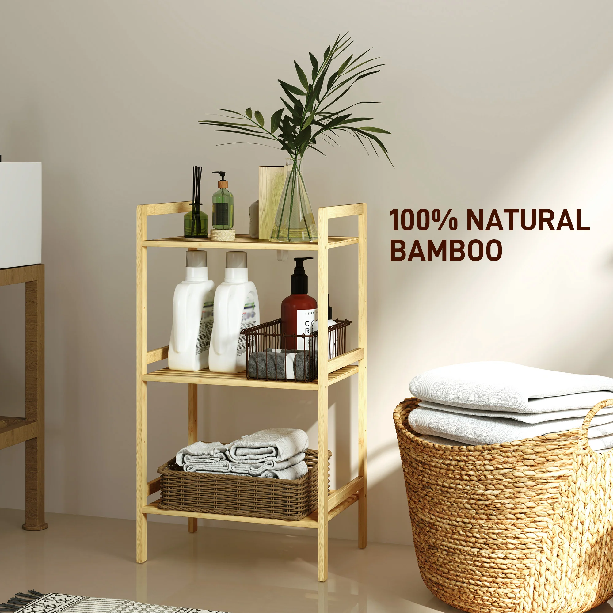 HOMCOM 3-Tier Bamboo Bathroom Storage Shelf with Adjustable Rack, Natural - Image 7
