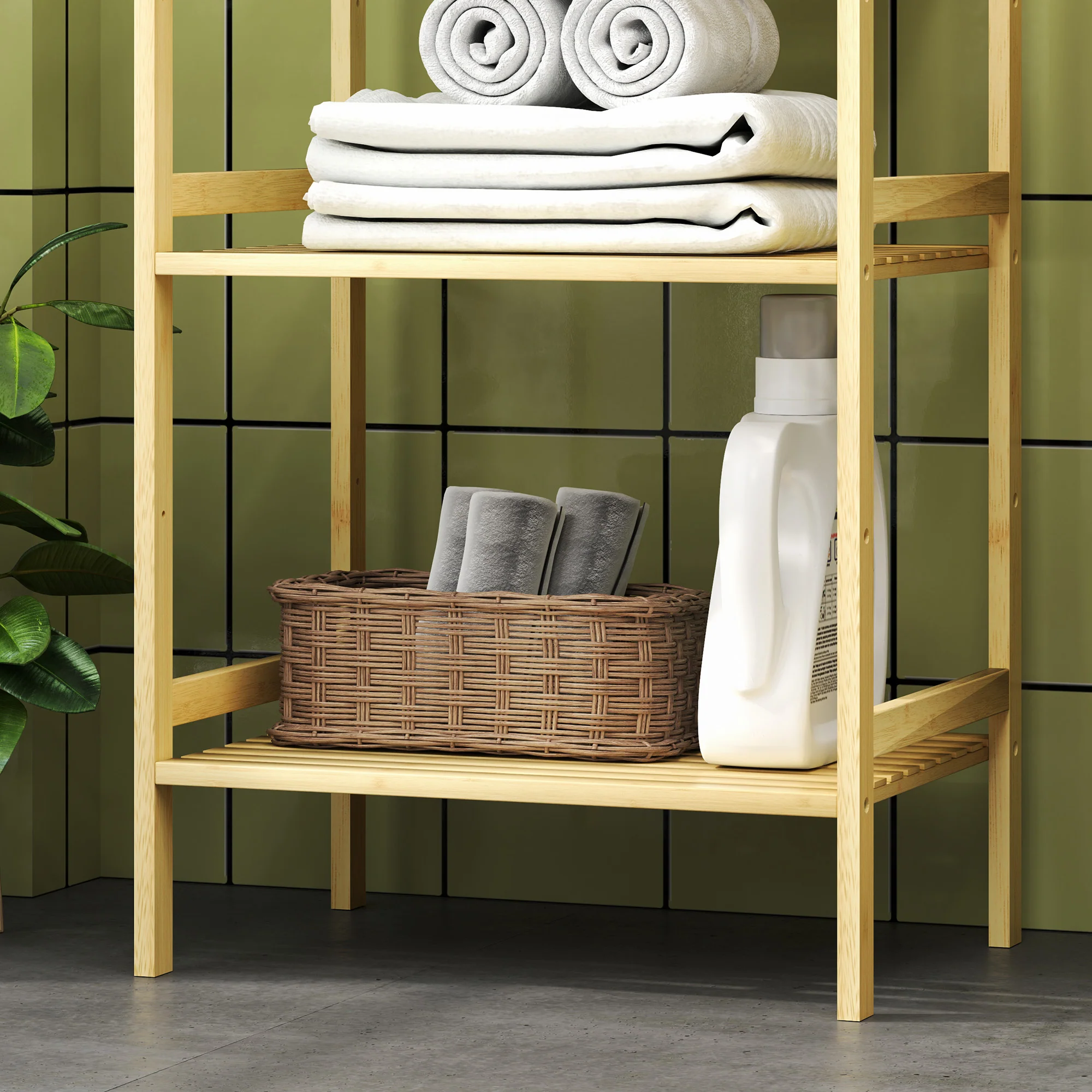 HOMCOM 3-Tier Bamboo Bathroom Storage Shelf with Adjustable Rack, Natural - Image 9