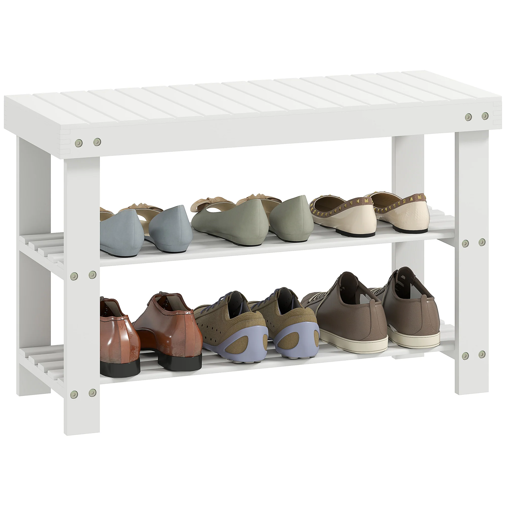 HOMCOM 3-Tier Bamboo Shoe Bench with 2 Shelves for Entryway, White