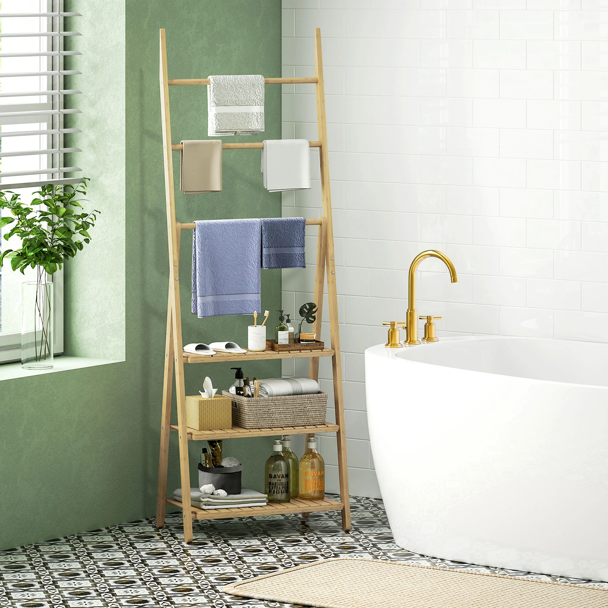 HOMCOM 3-Tier Folding Bamboo Bathroom Storage Shelving Unit With Towel Bars - Image 2
