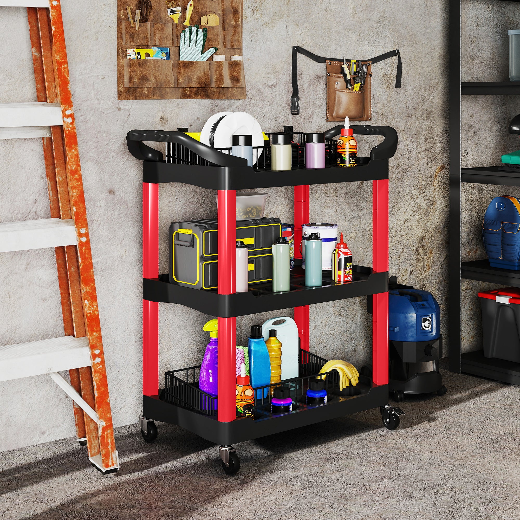 HOMCOM 3-Tier Rolling Tool Cart, Tool Trolley on Wheels for Garage, Black and Red - Image 2