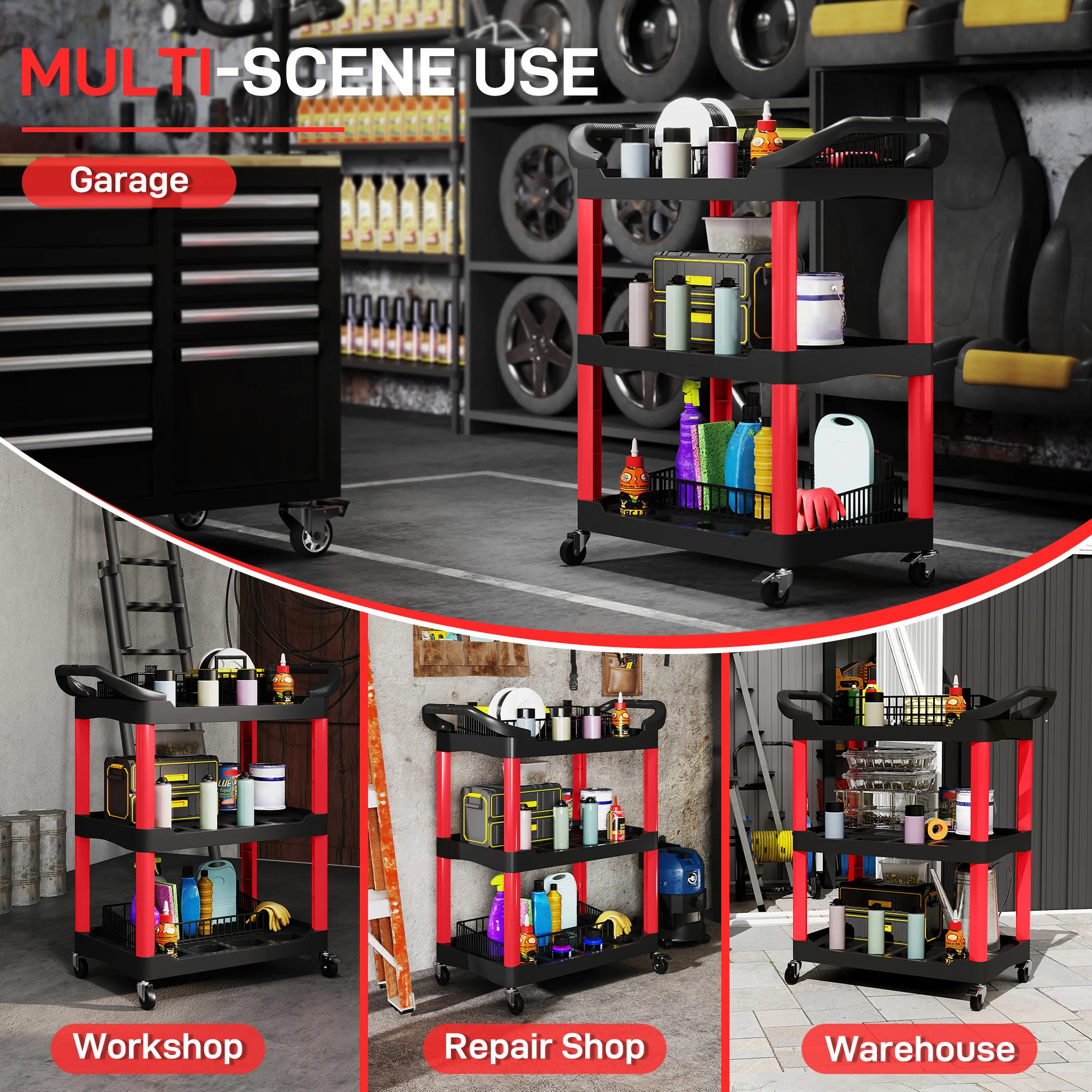 HOMCOM 3-Tier Rolling Tool Cart, Tool Trolley on Wheels for Garage, Black and Red - Image 6