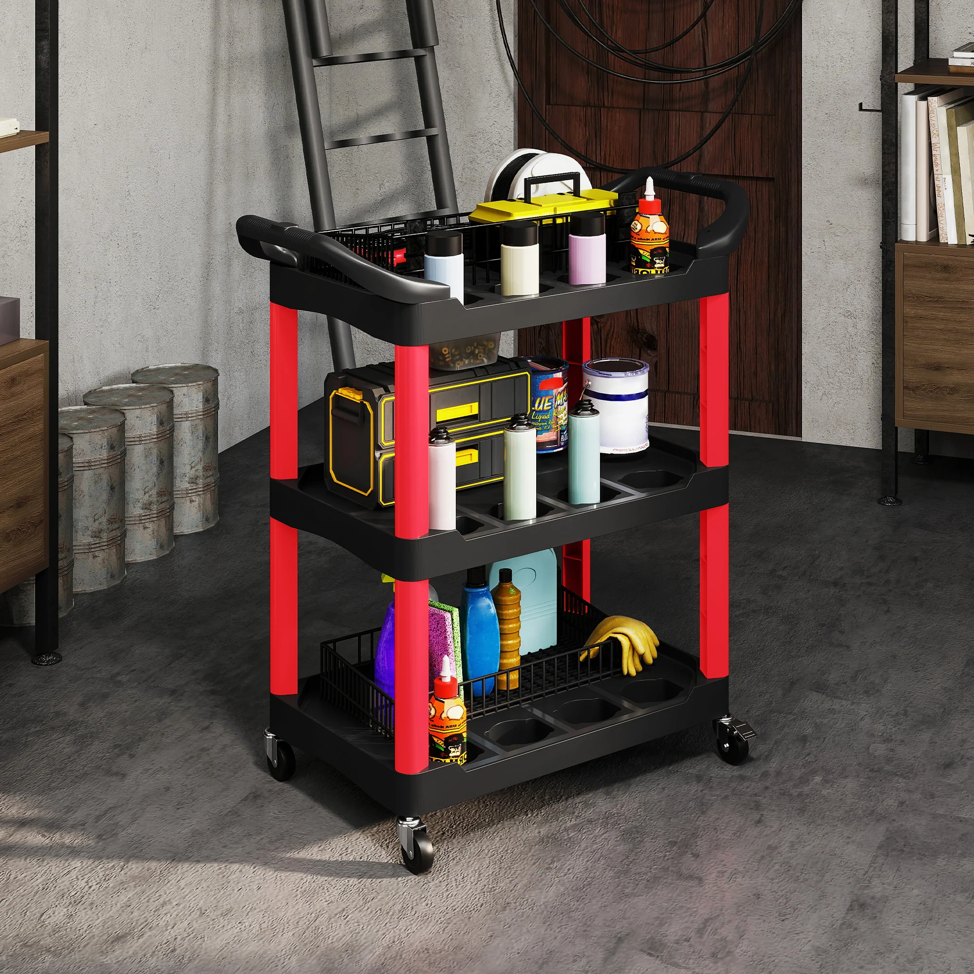 HOMCOM 3-Tier Rolling Tool Cart, Tool Trolley on Wheels for Garage, Black and Red - Image 8