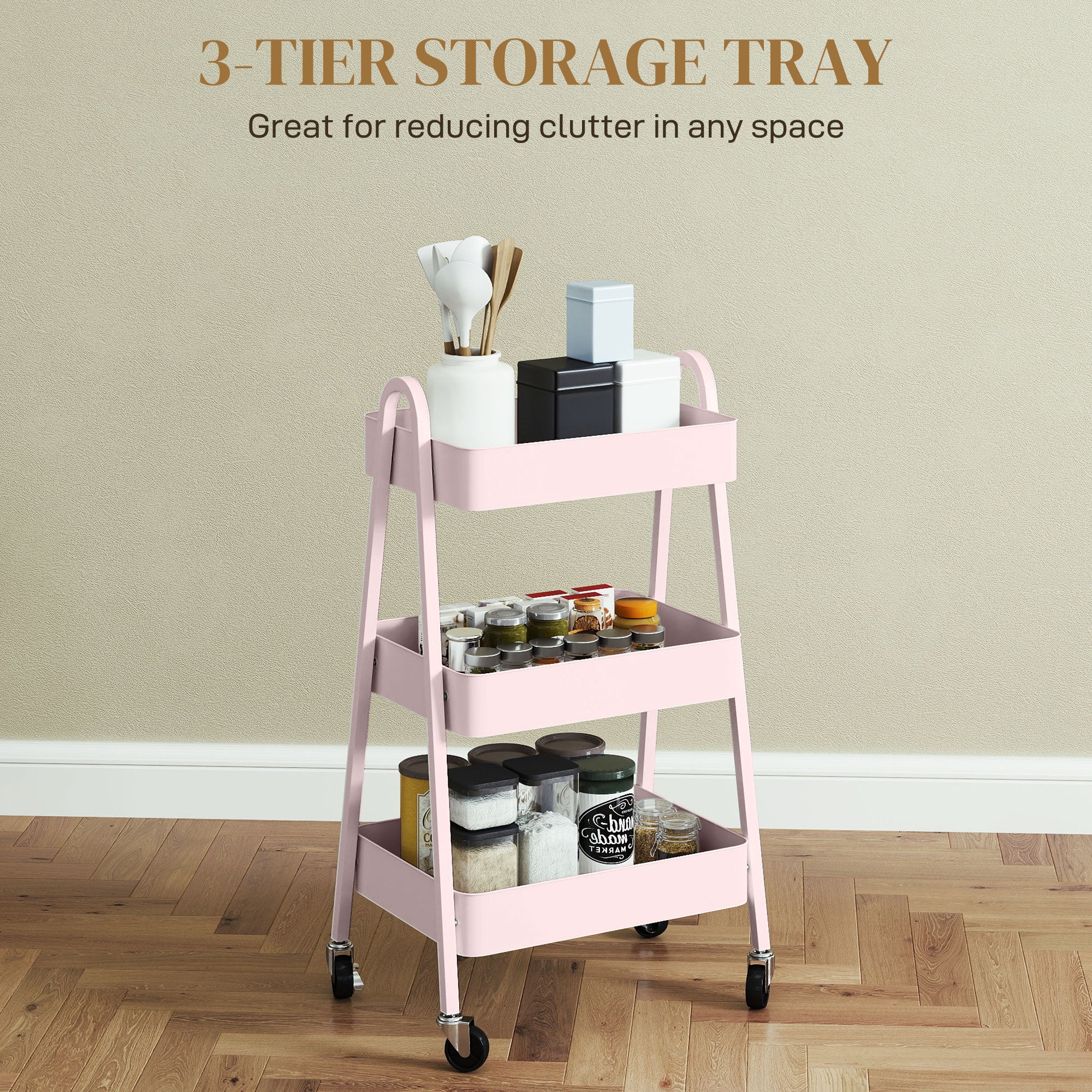 HOMCOM 3-Tier Rolling Utility Cart Kitchen Storage Trolley On Wheels - Image 12