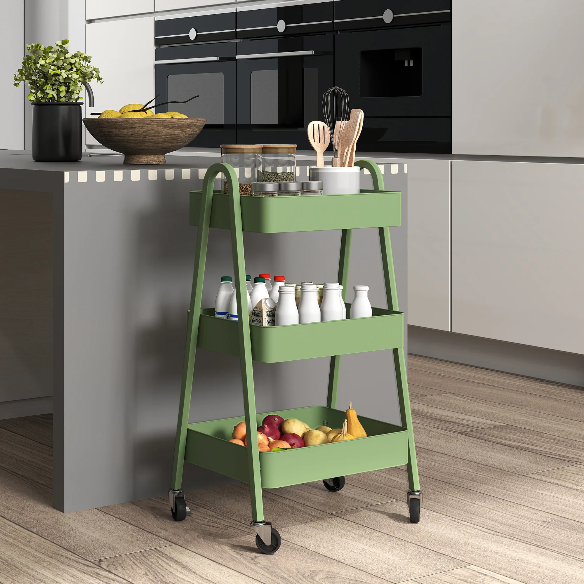 HOMCOM 3-Tier Rolling Utility Cart Kitchen Storage Trolley On Wheels - Image 2