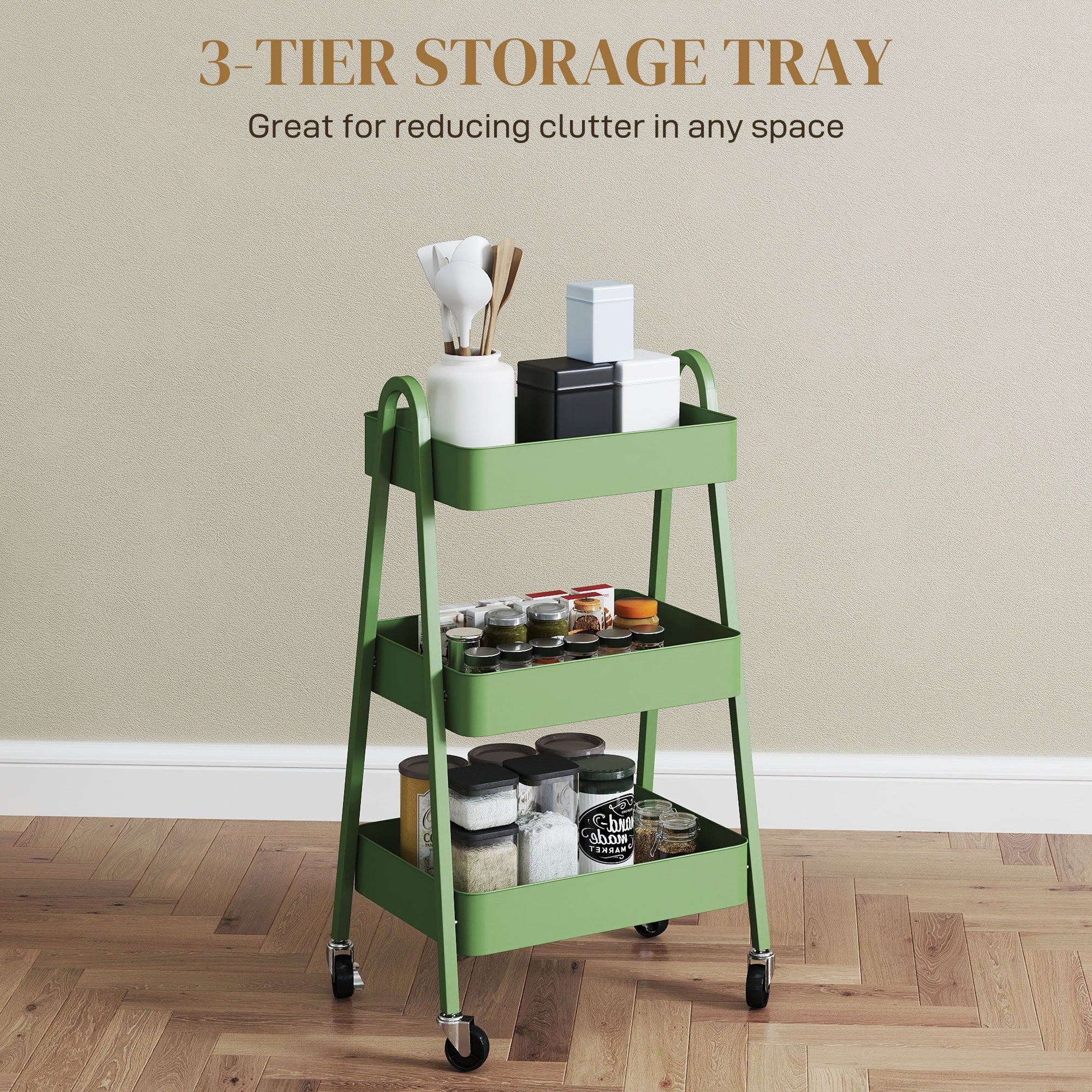 HOMCOM 3-Tier Rolling Utility Cart Kitchen Storage Trolley On Wheels - Image 3