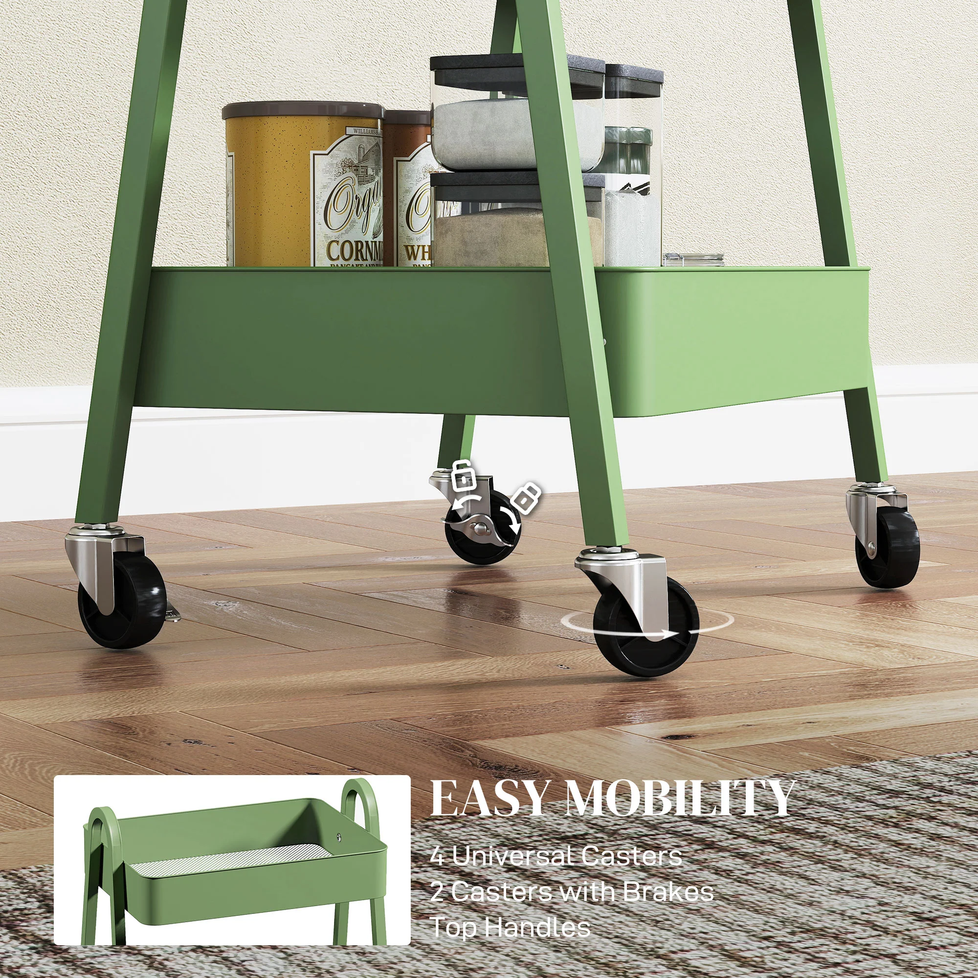 HOMCOM 3-Tier Rolling Utility Cart Kitchen Storage Trolley On Wheels - Image 4