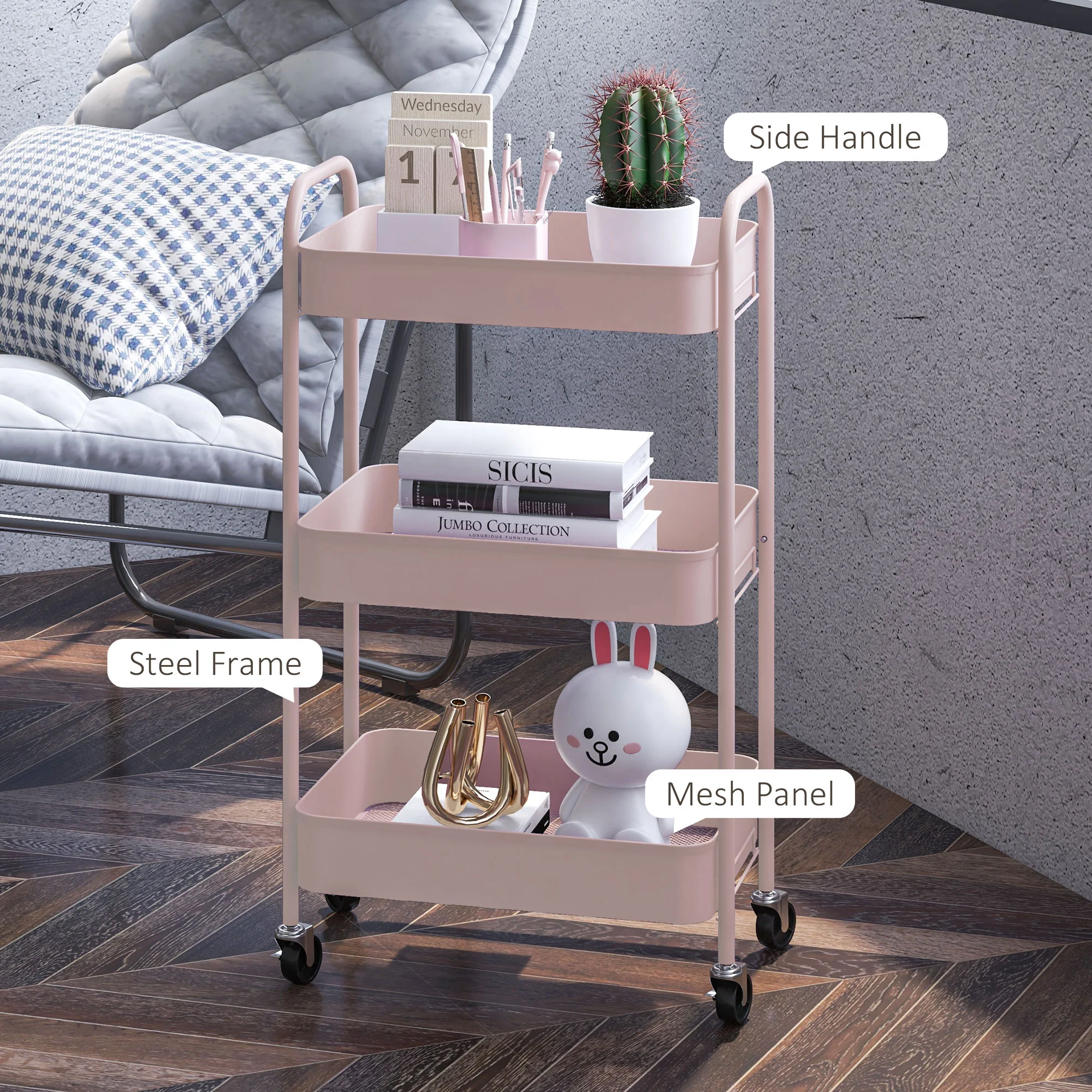 HOMCOM 3 Tier Rolling Utility Cart With 3 Mesh Basket, Pink - Image 6