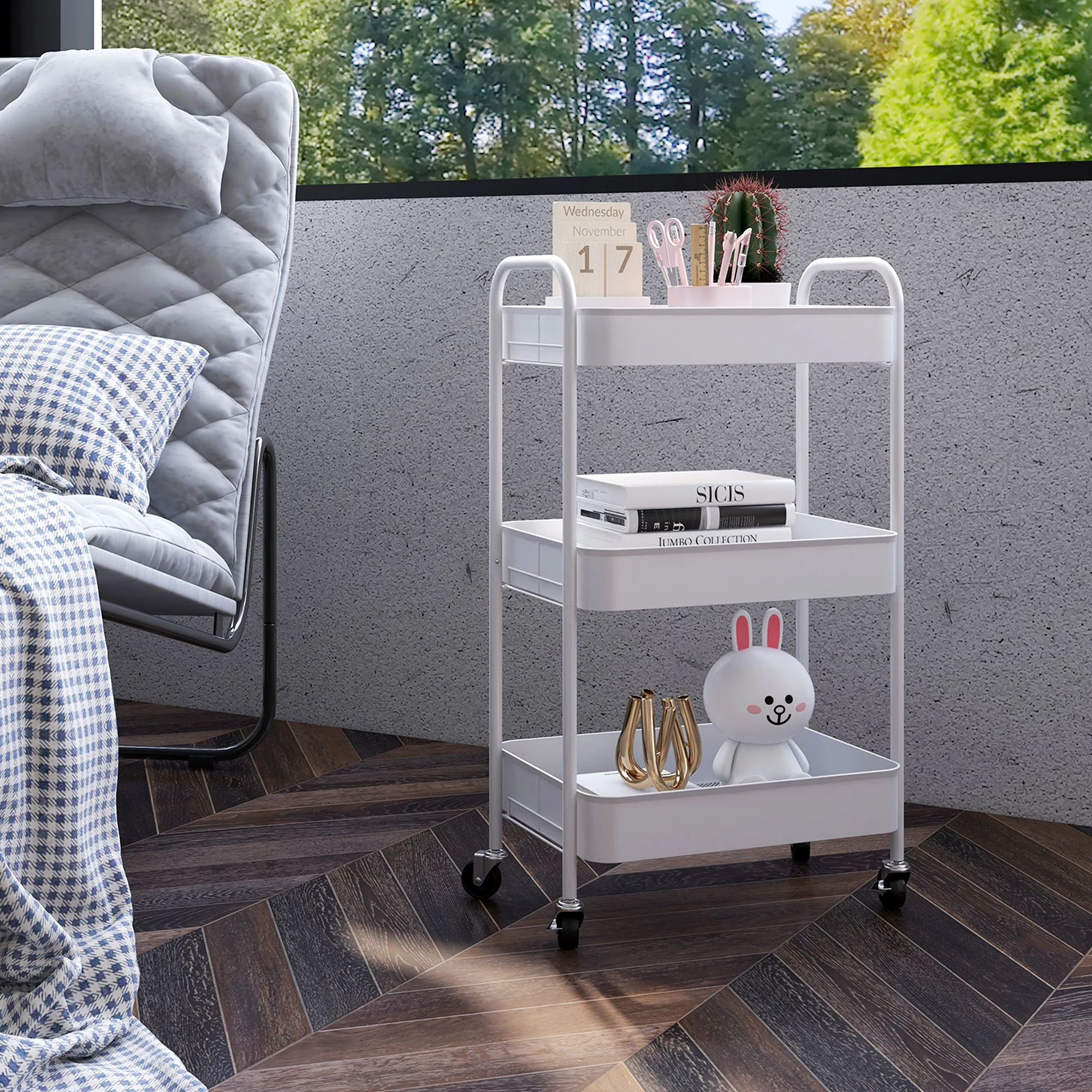 HOMCOM 3 Tier Rolling Utility Cart with 3 Mesh Basket, White - Image 2