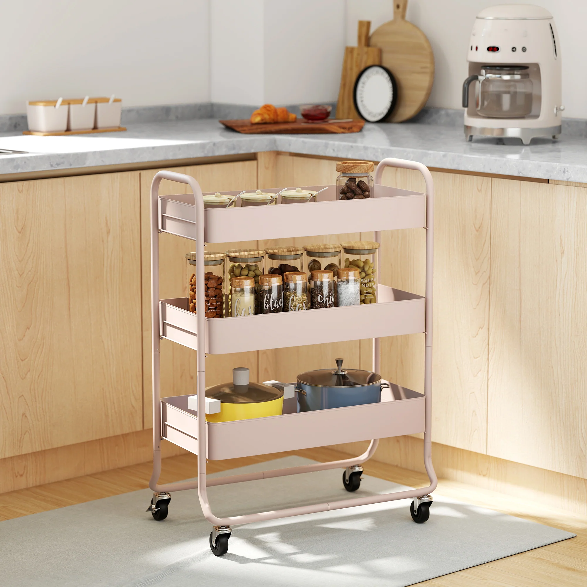 HOMCOM 3-Tier Storage Trolley, Storage Cart With Mesh Backets, Wheels - Image 2