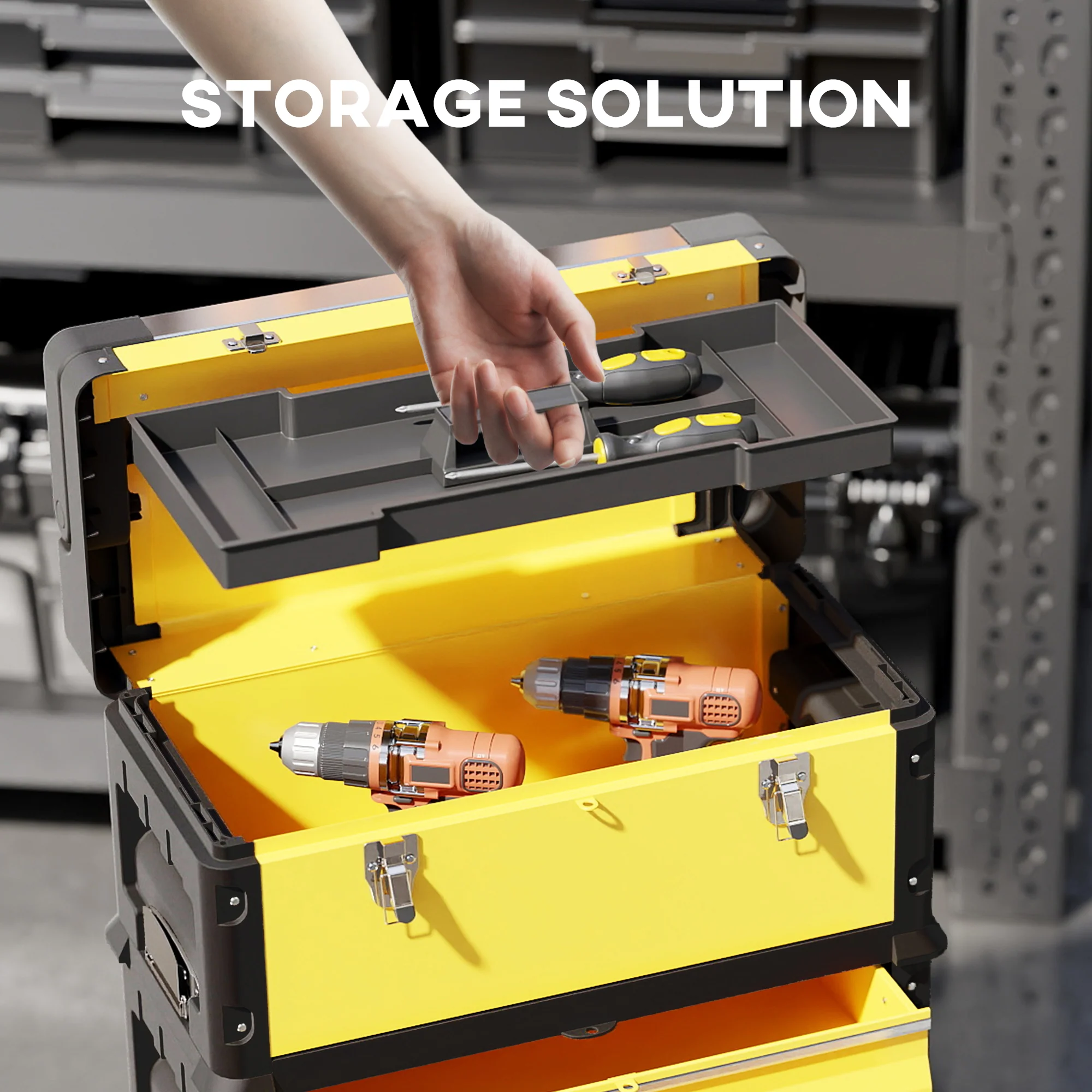 HOMCOM 3-Tier Tool Box With Wheels, Stackable Steel Toolbox - Image 13