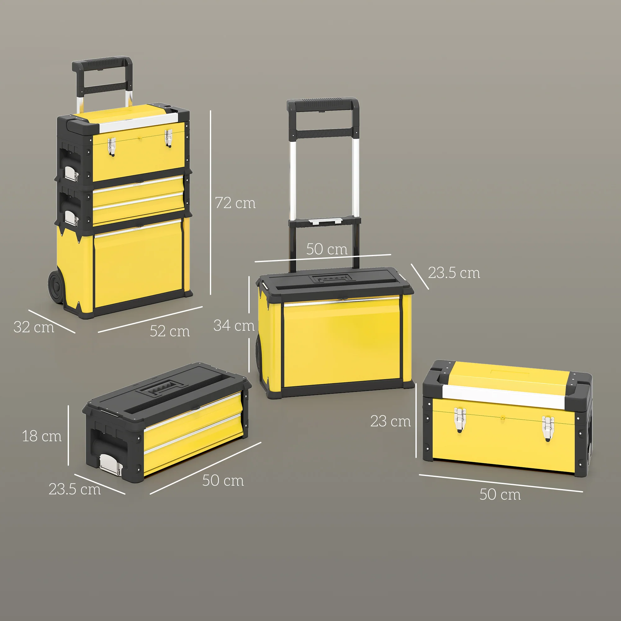 HOMCOM 3-Tier Tool Box With Wheels, Stackable Steel Toolbox - Image 14