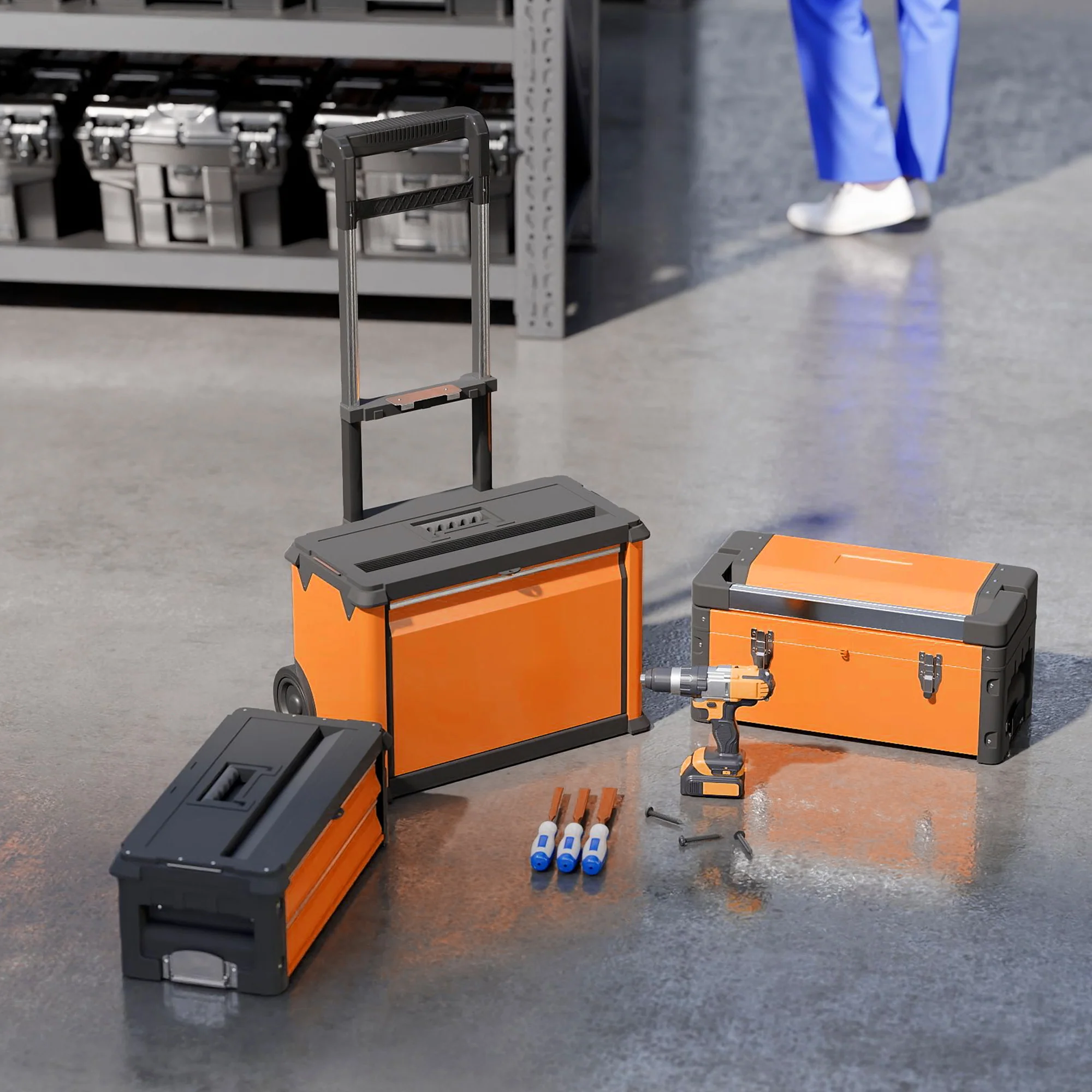 HOMCOM 3-Tier Tool Box With Wheels, Stackable Steel Toolbox - Image 8
