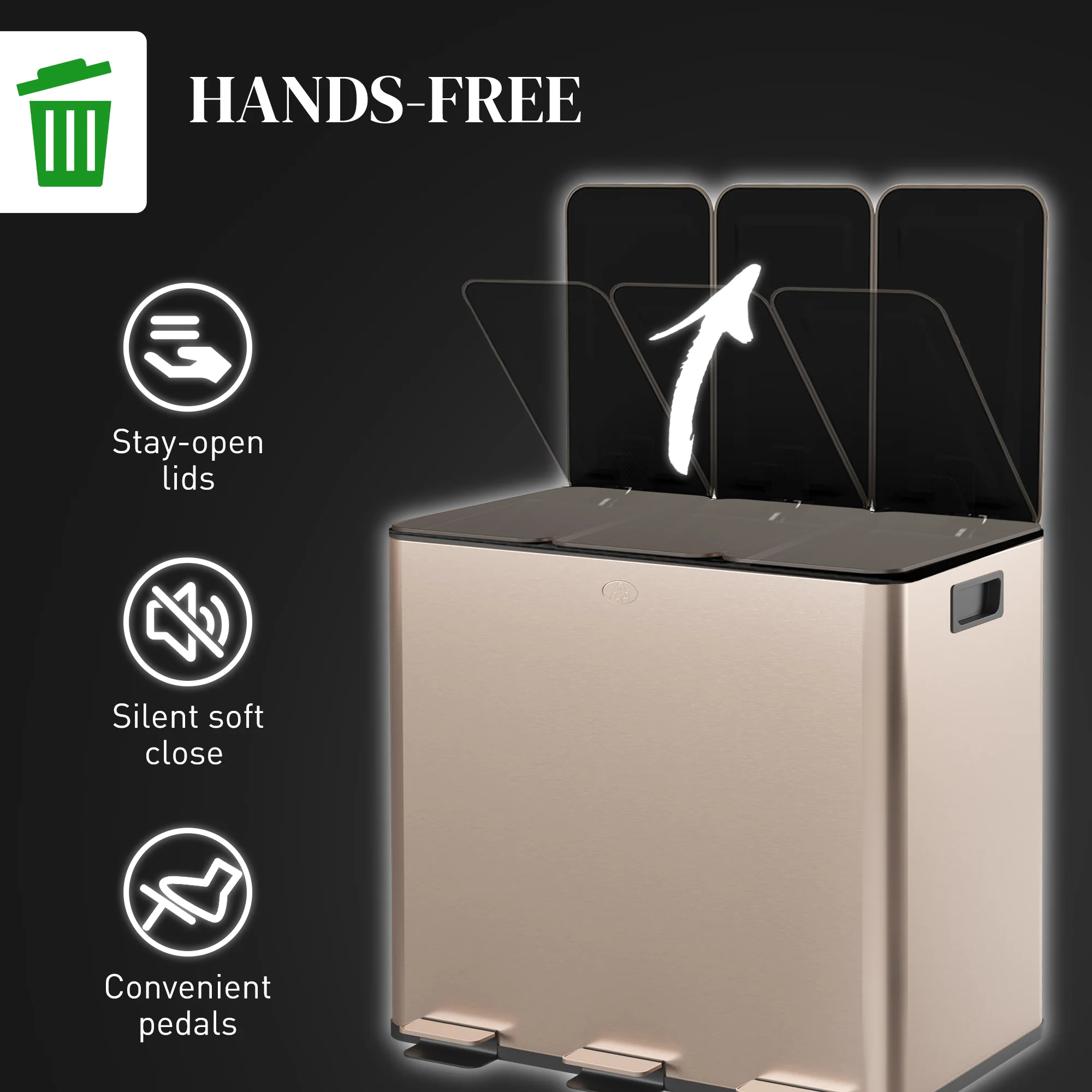 HOMCOM 3 X 15L Triple Kitchen Bin Pedal Bin For Recycling And Waste, Gold Tone - Image 6