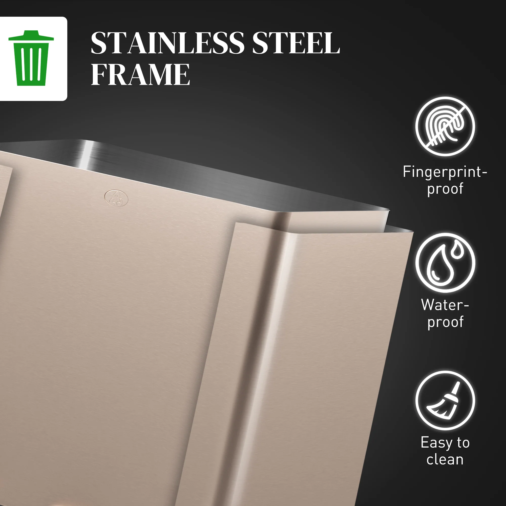 HOMCOM 3 X 15L Triple Kitchen Bin Pedal Bin For Recycling And Waste, Gold Tone - Image 8