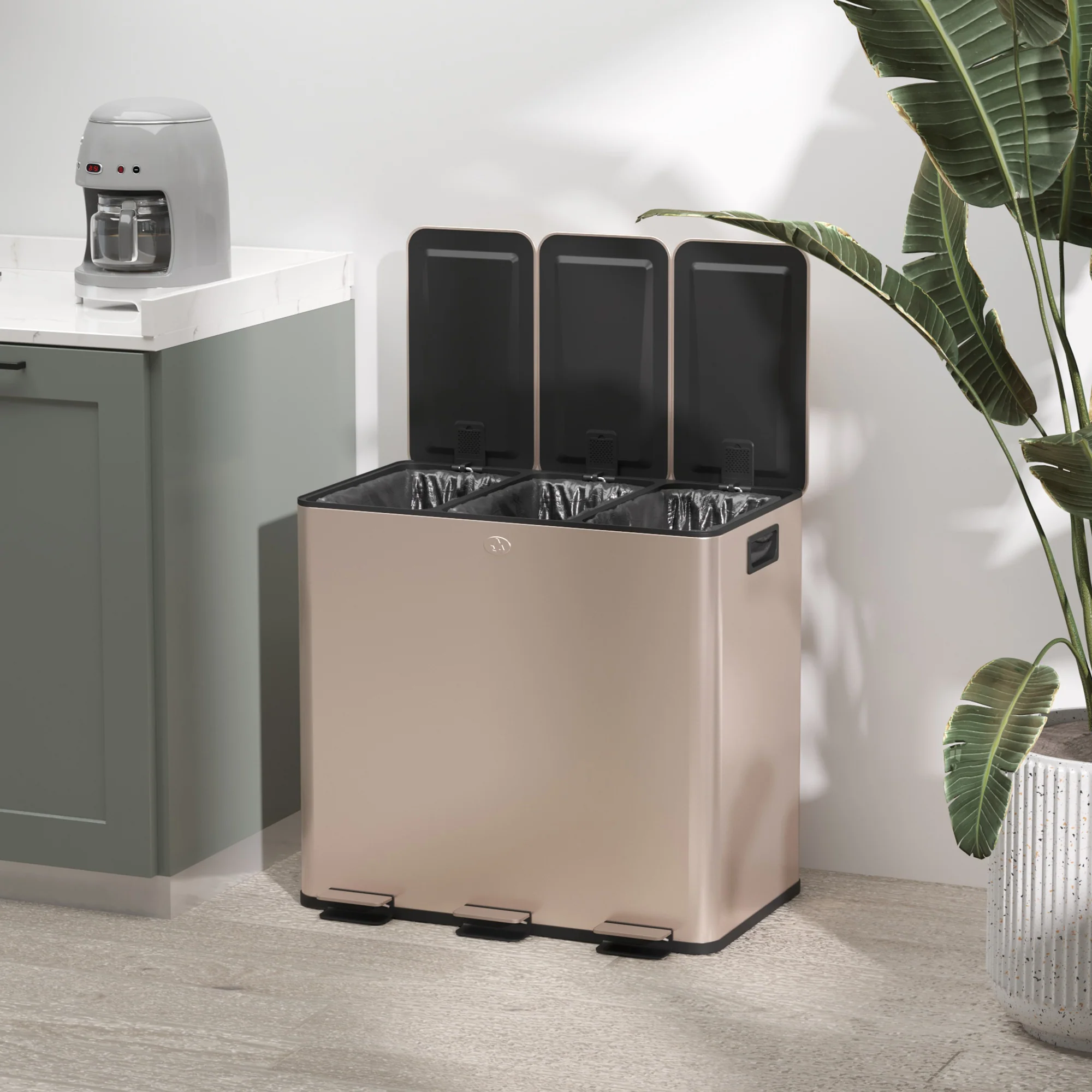 HOMCOM 3 X 15L Triple Kitchen Bin Pedal Bin For Recycling And Waste, Gold Tone - Image 9