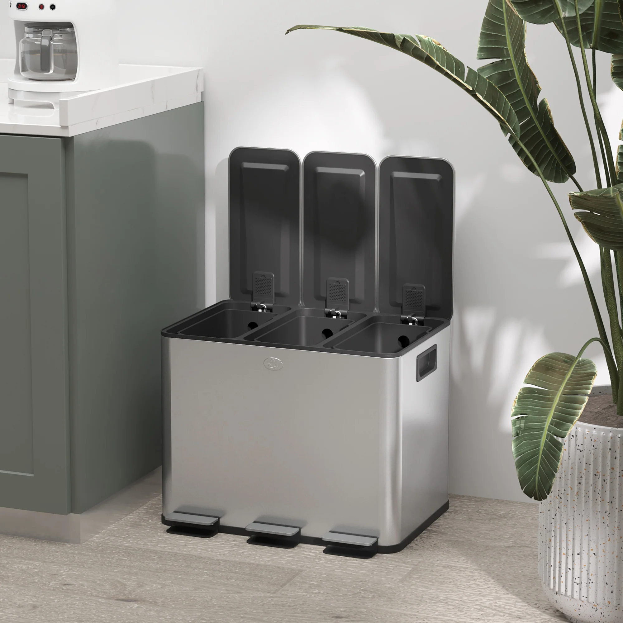 HOMCOM 3 x 20L Triple Kitchen Bin Pedal Bin for Recycling and Waste - Image 9