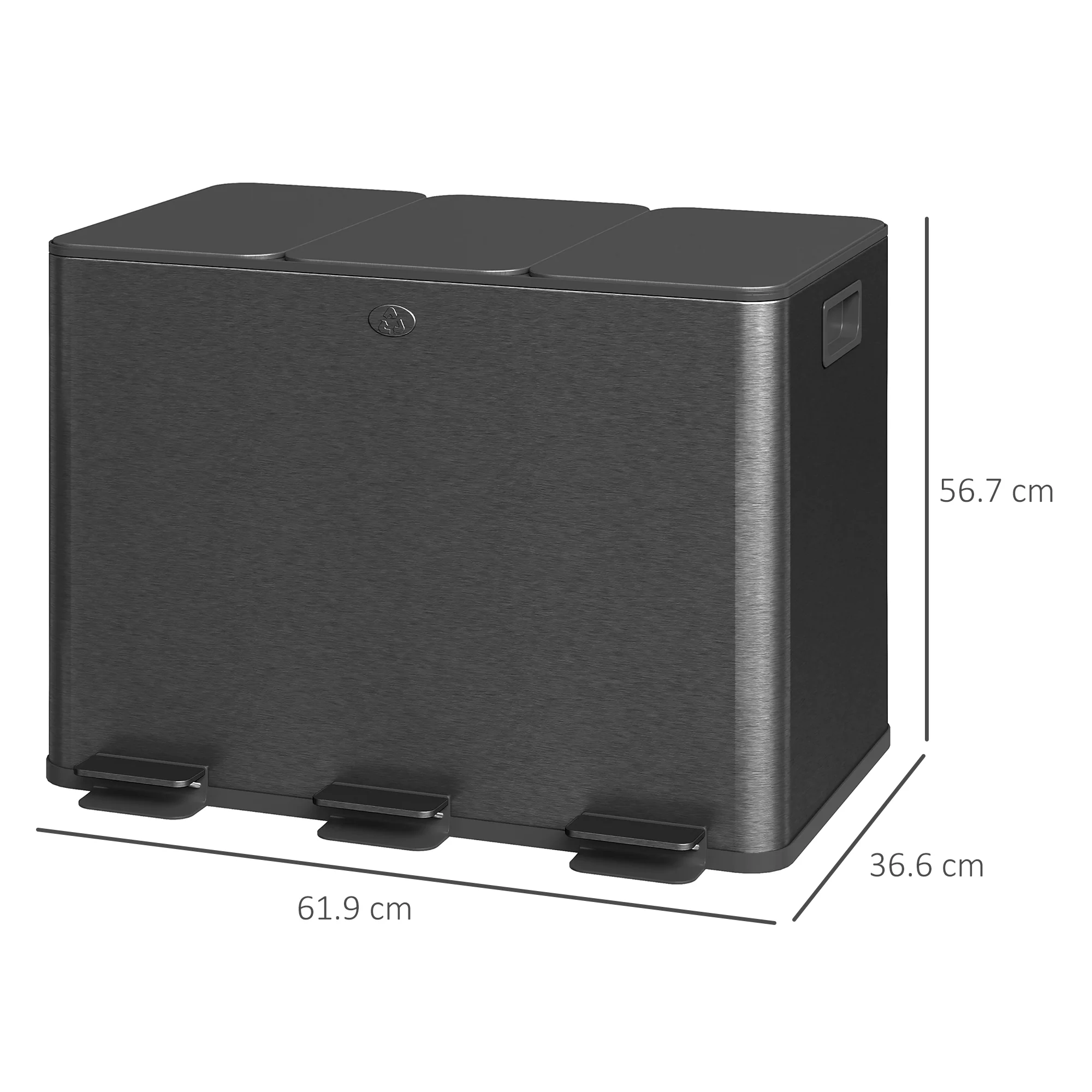 HOMCOM 3 X 20L Triple Kitchen Bin Pedal Bin For Recycling And Waste, Black - Image 5