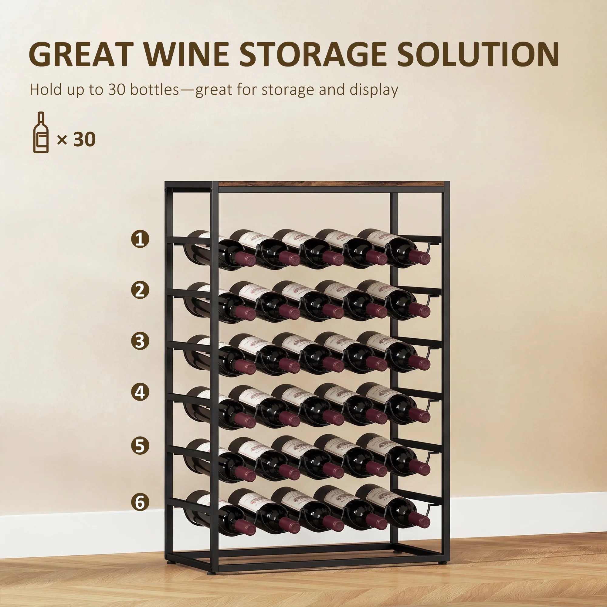 HOMCOM 30 Bottles Wine Rack, 6 Tier Wine Storage Holder, Rustic Brown - Image 3