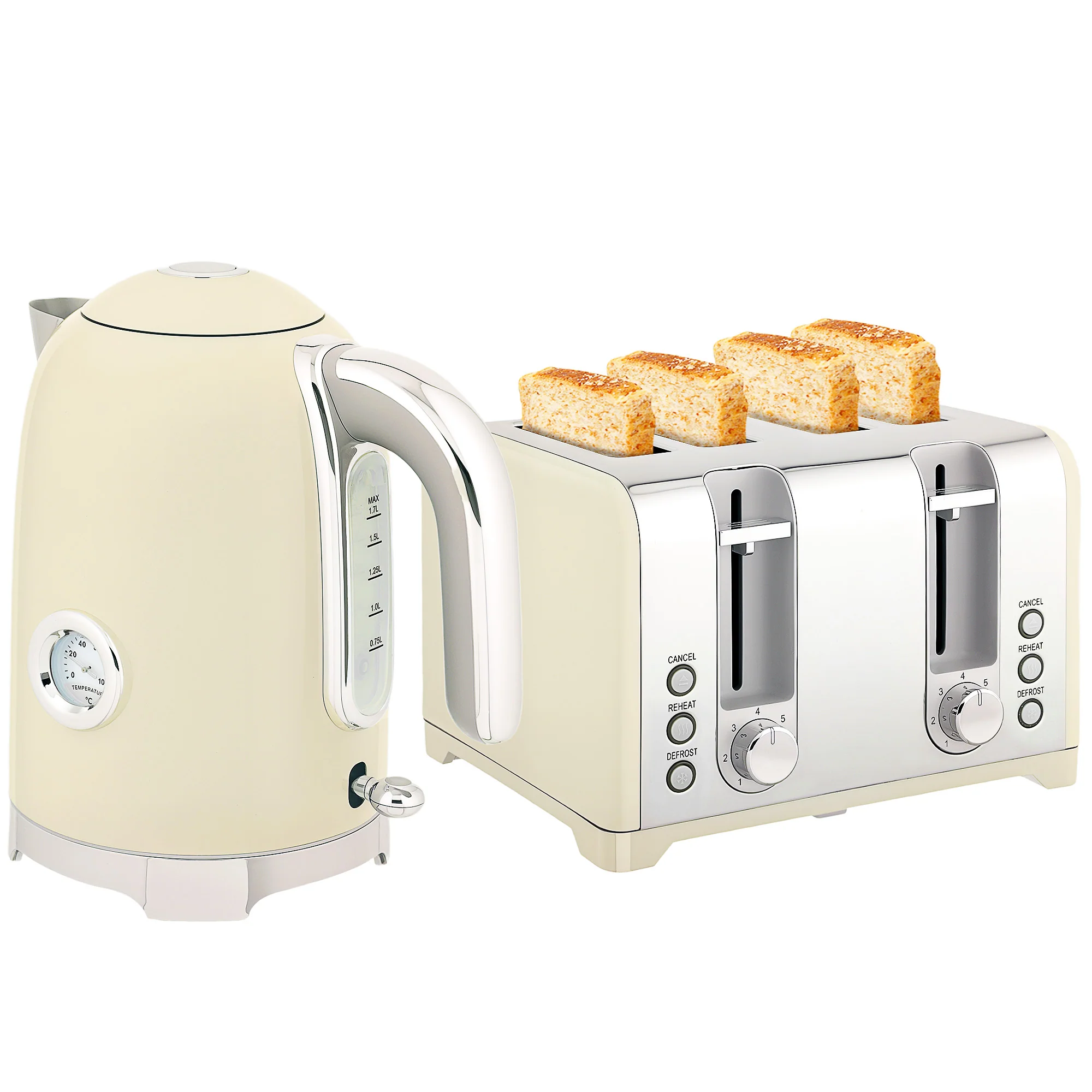 HOMCOM 3000W 1.7L Kettle With Retro Thermometer, 4 Slice Toaster Set, Cream