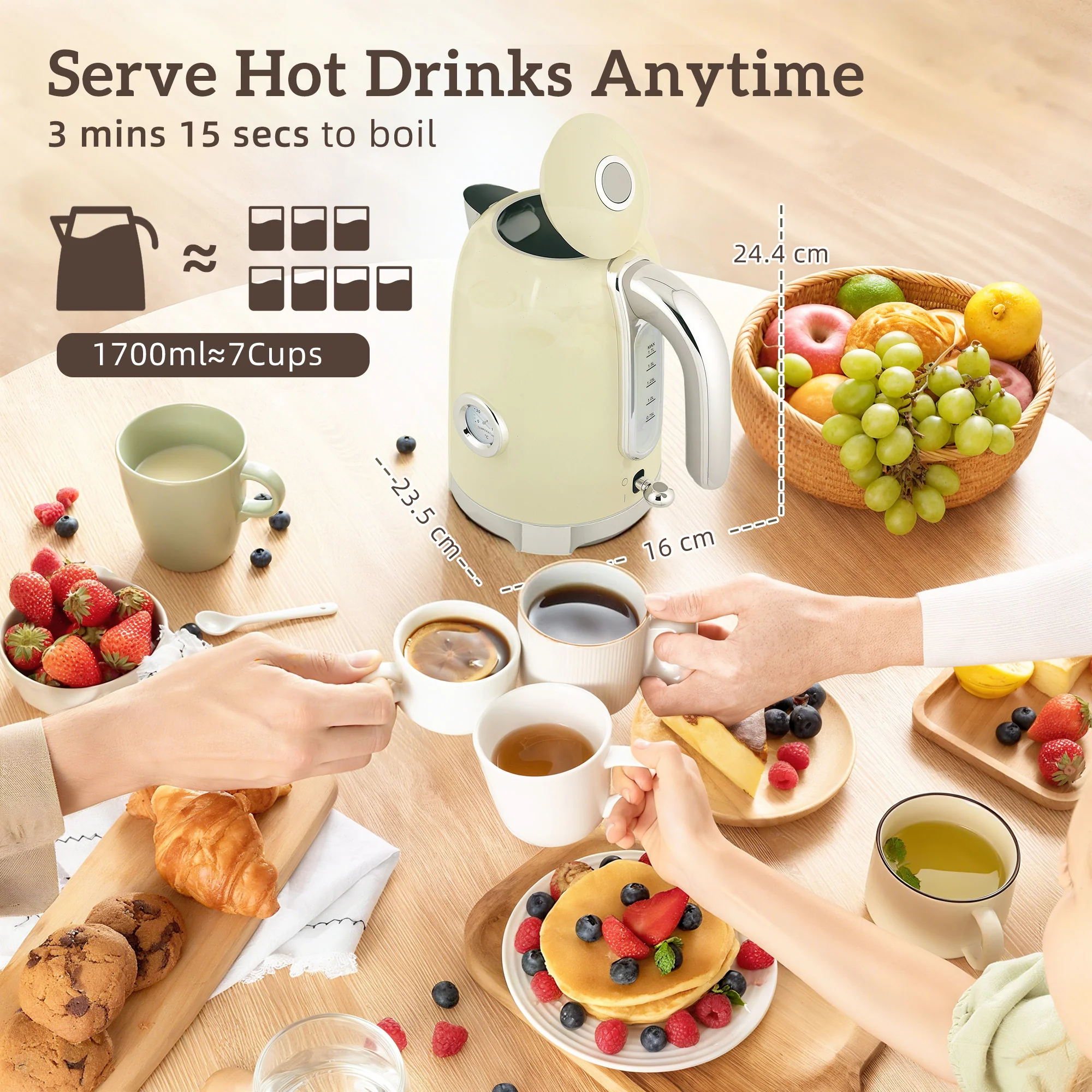 HOMCOM 3000W 1.7L Kettle With Retro Thermometer, 4 Slice Toaster Set, Cream - Image 3