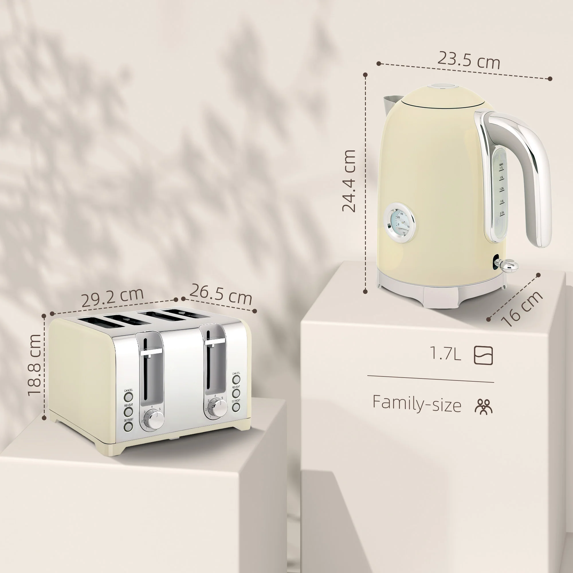 HOMCOM 3000W 1.7L Kettle With Retro Thermometer, 4 Slice Toaster Set, Cream - Image 5