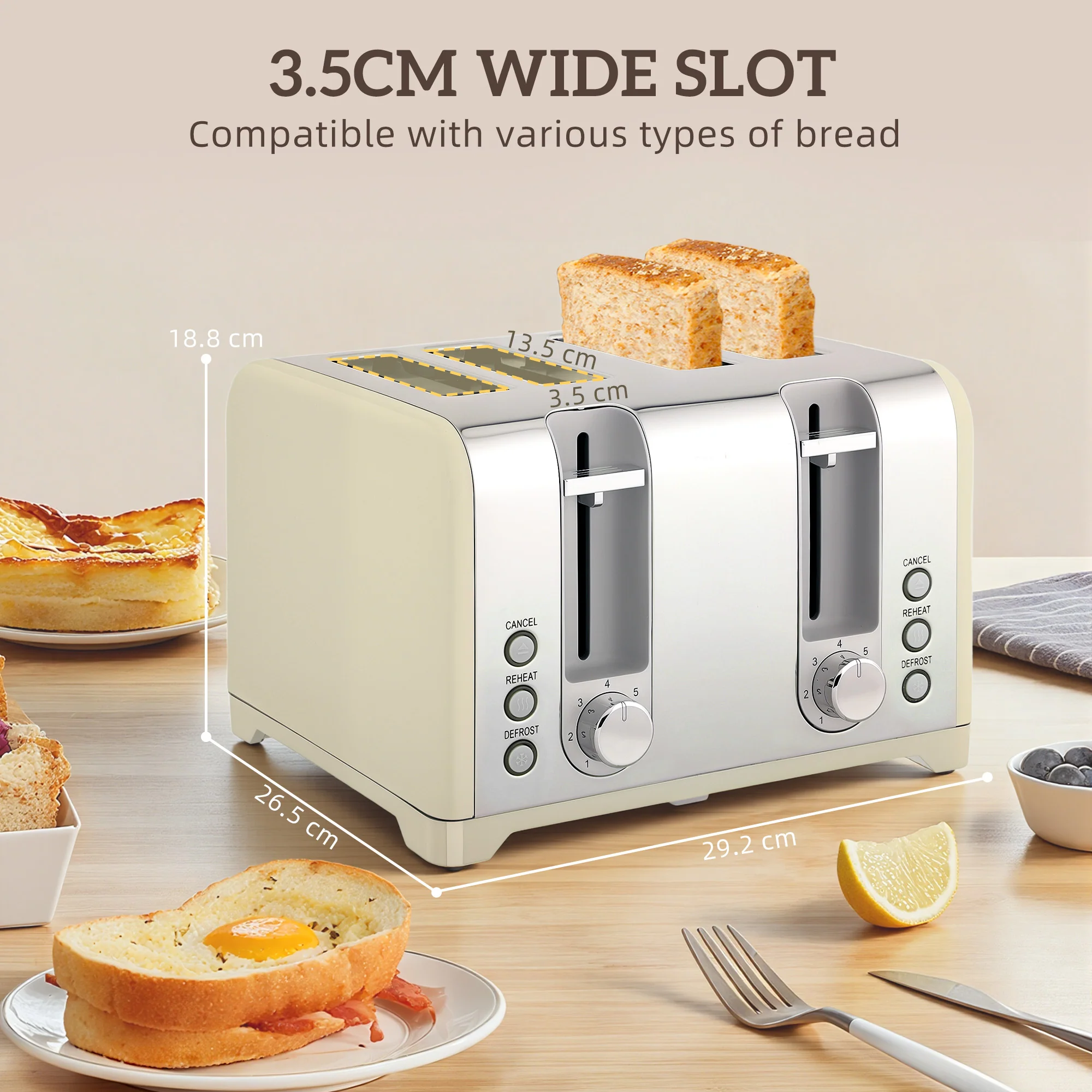 HOMCOM 3000W 1.7L Kettle With Retro Thermometer, 4 Slice Toaster Set, Cream - Image 8