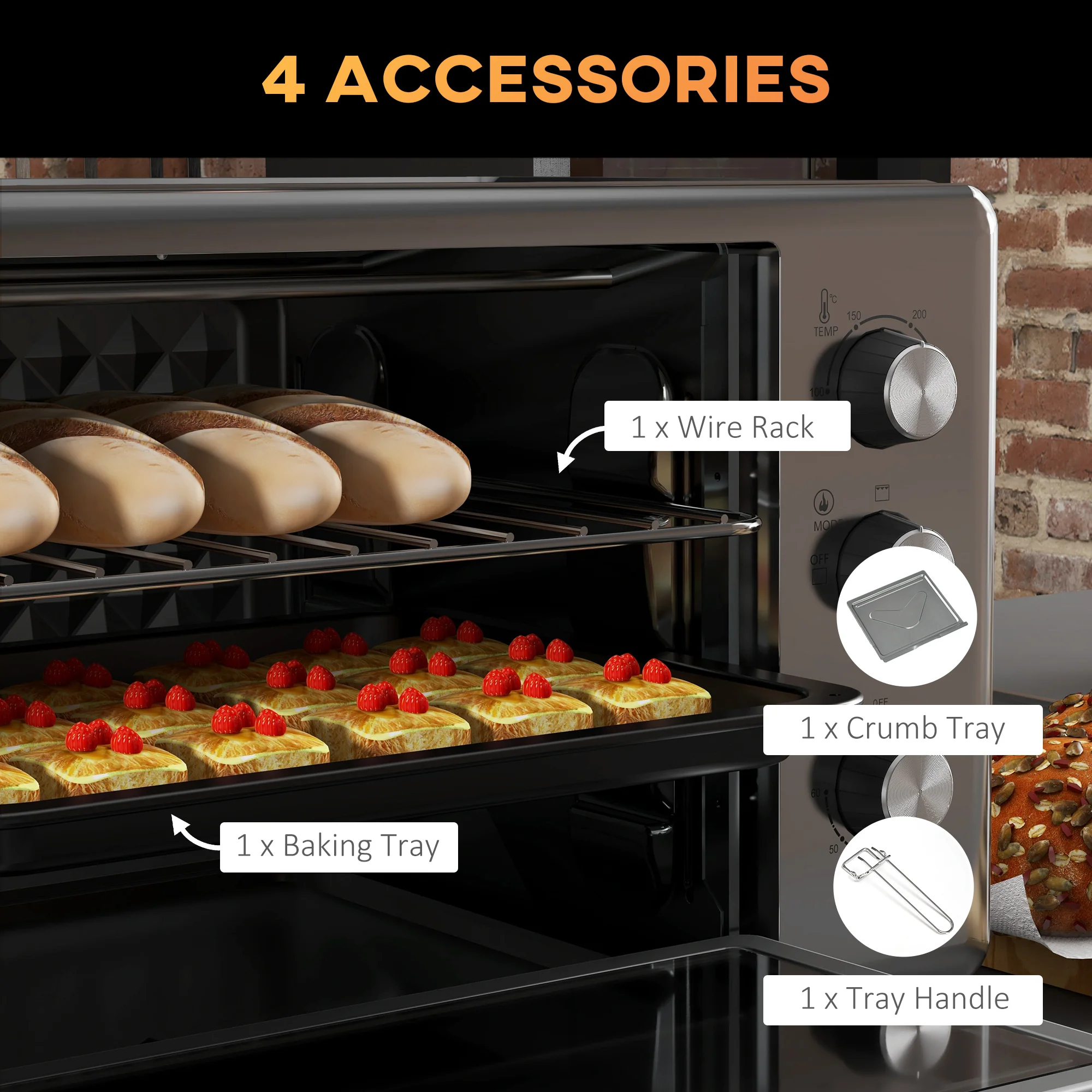 HOMCOM 30L Mini Oven With Adjustable Temperature, 60 Min Time 1600W, Silver - Image 6