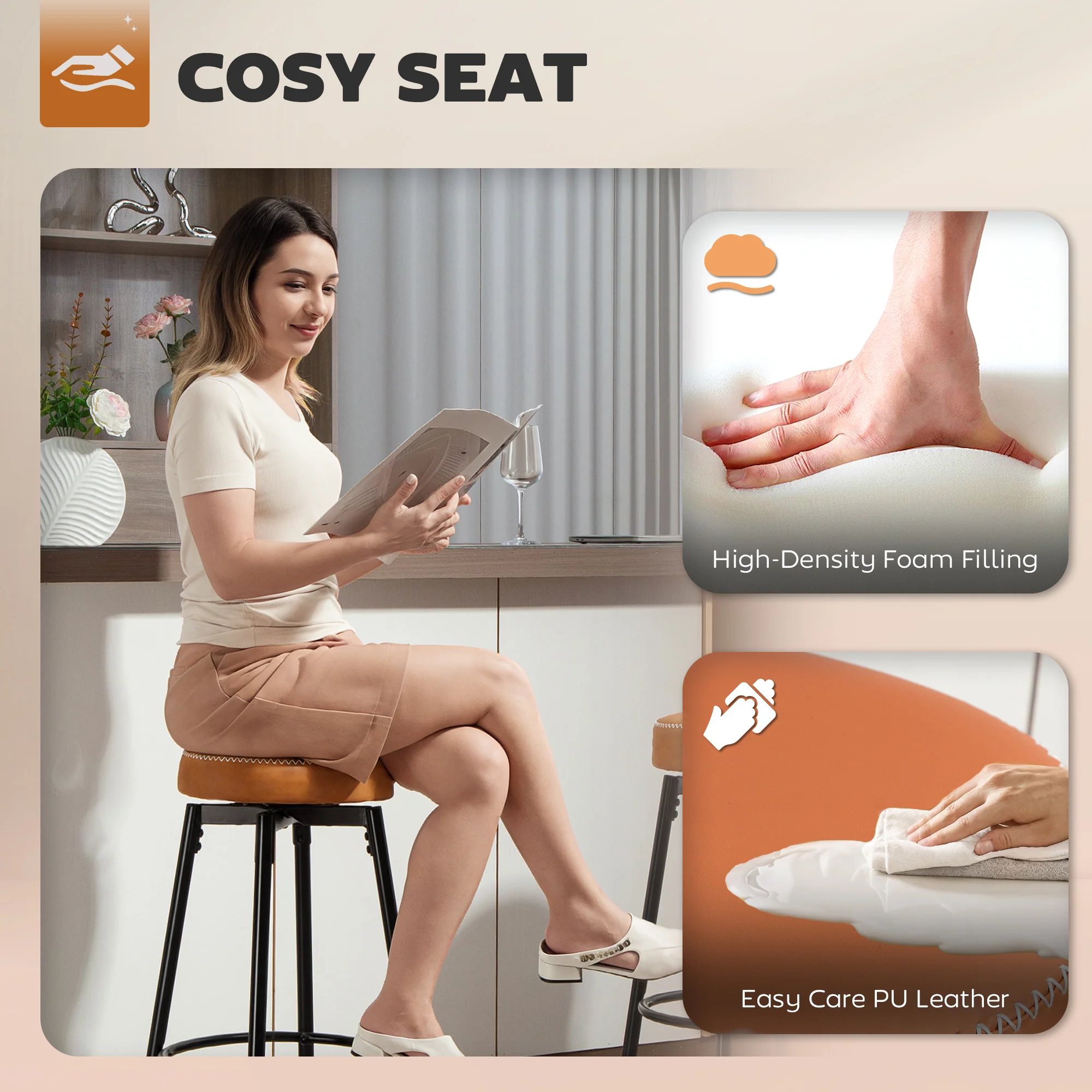 HOMCOM 360° Swivel Bar Stools Set Of 2, PU Leather Barstools With Footrest - Image 4