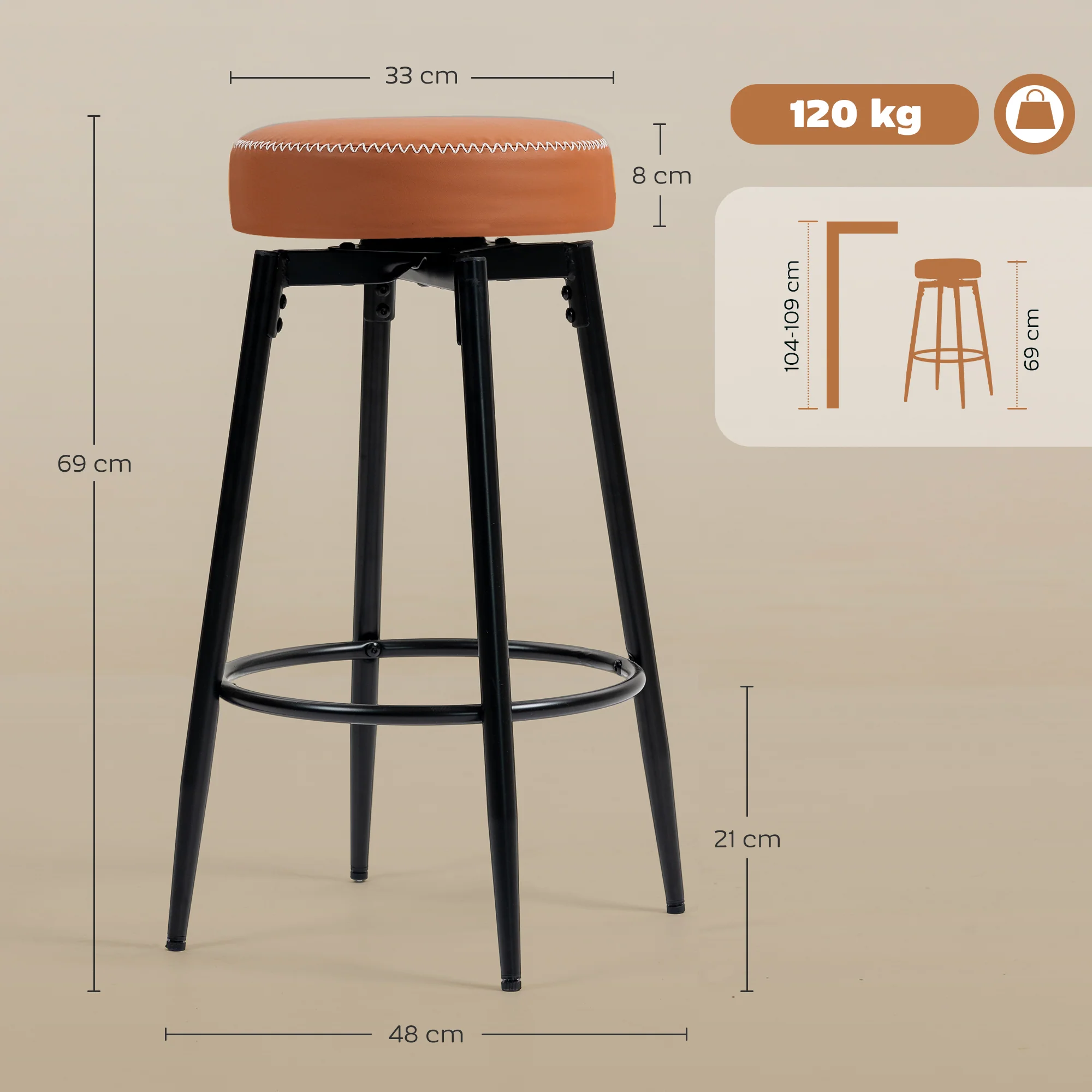 HOMCOM 360° Swivel Bar Stools Set Of 2, PU Leather Barstools With Footrest - Image 5
