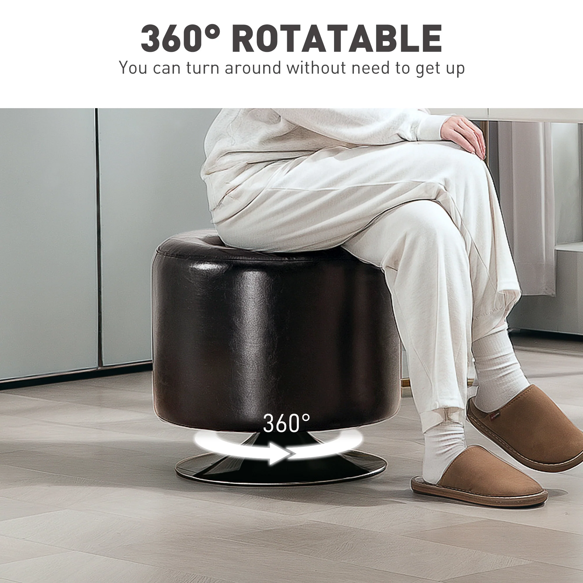 HOMCOM 360° Swivel Foot Stool PU Footstool With Thick Padding Brown - Image 3