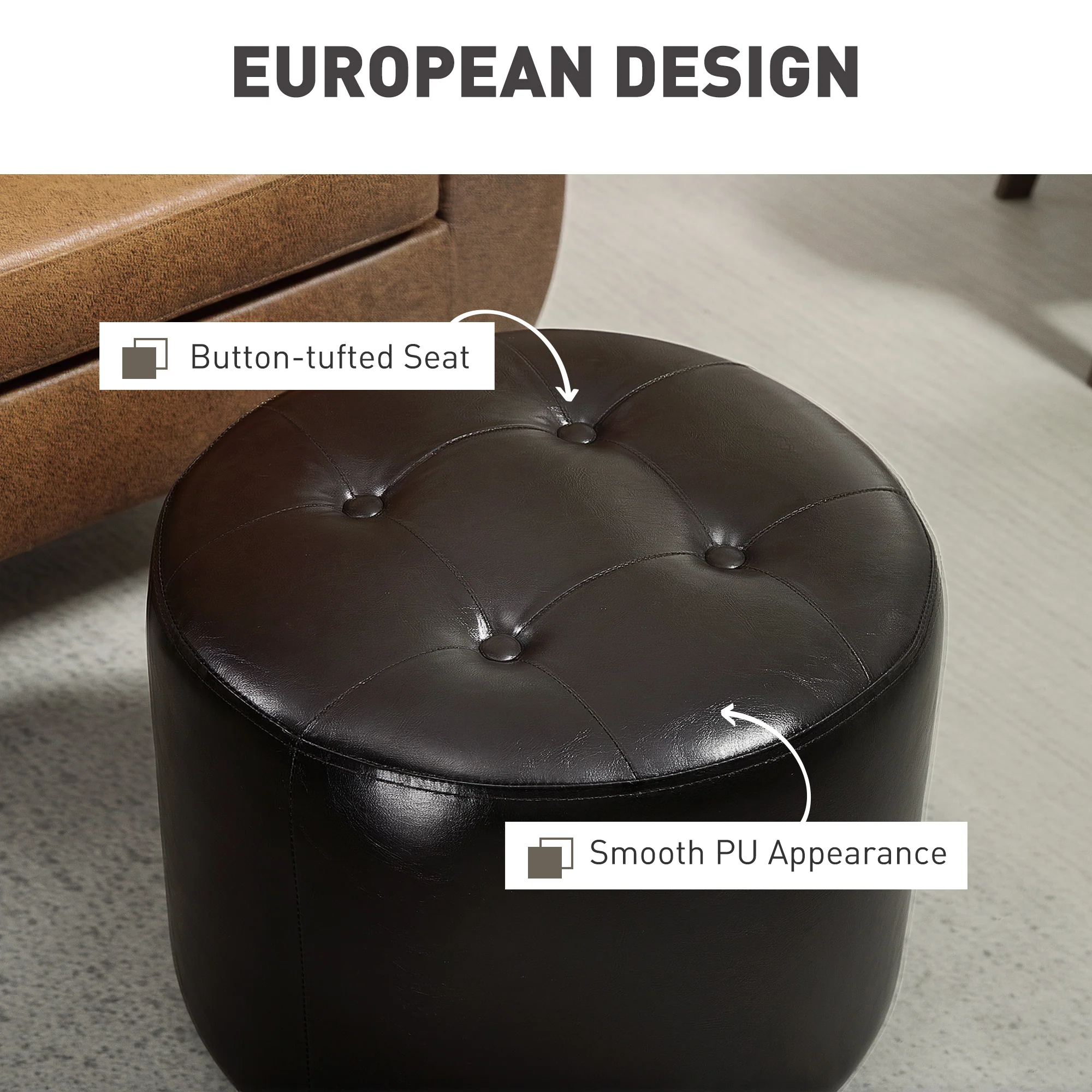 HOMCOM 360° Swivel Foot Stool PU Footstool With Thick Padding Brown - Image 4