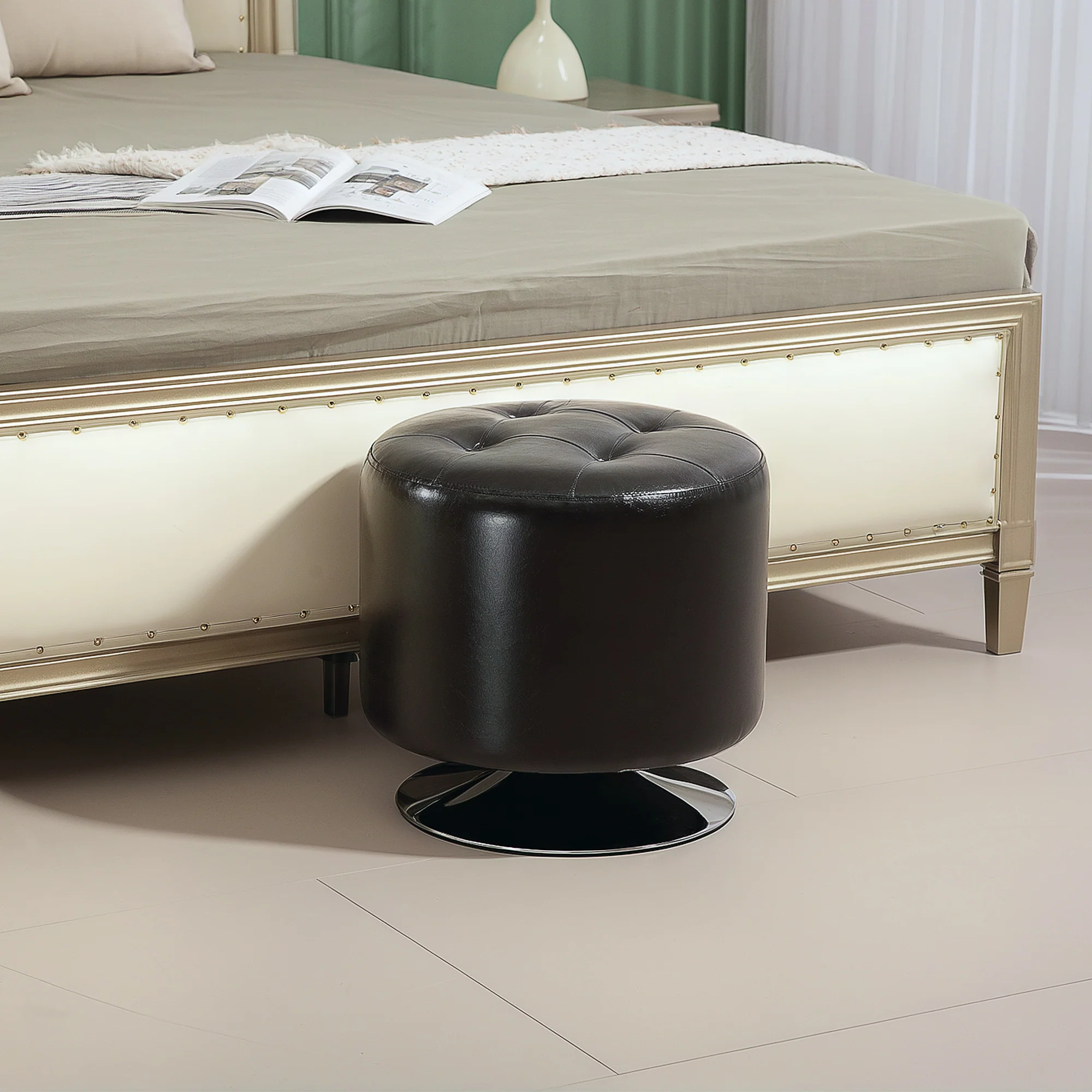 HOMCOM 360° Swivel Foot Stool PU Footstool With Thick Padding Brown - Image 9