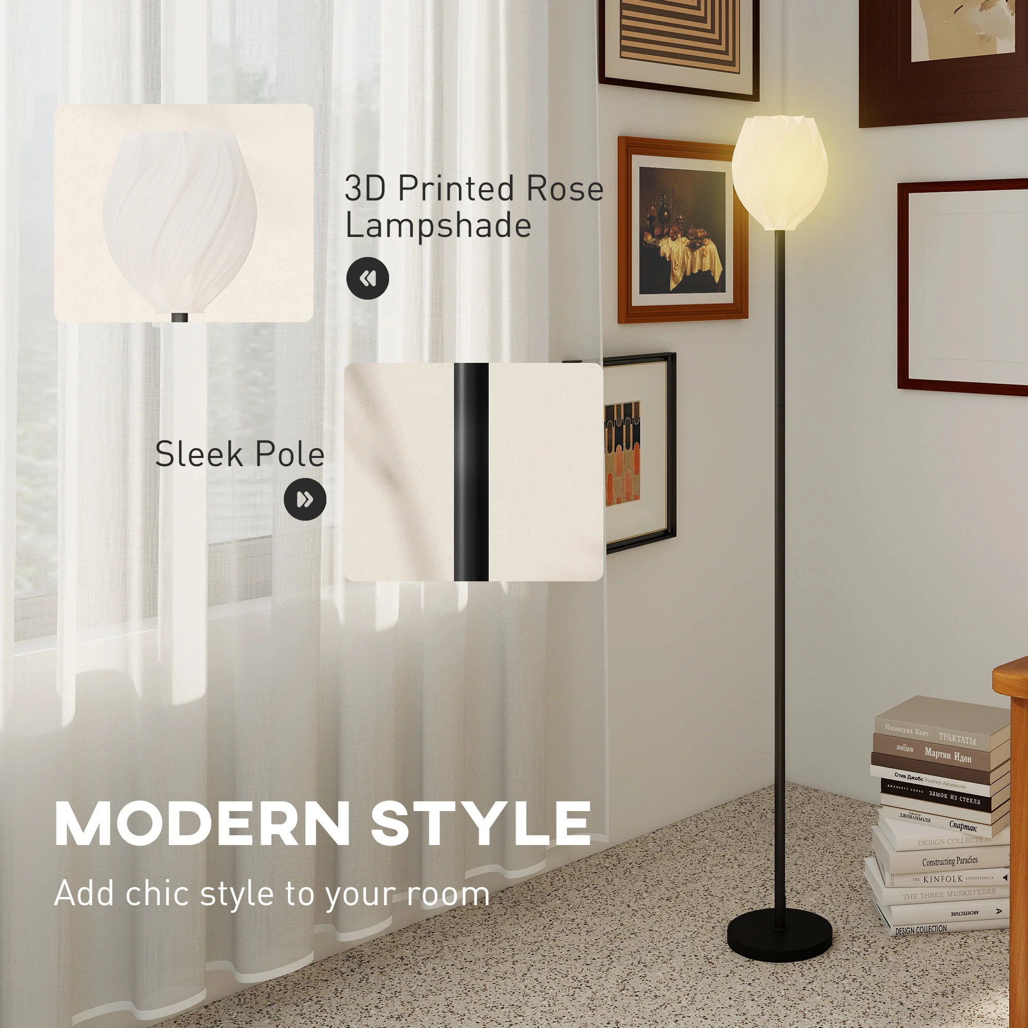 HOMCOM 3D Printed Standing Lamp with Rose Shade, 3 Colour Temperature, White - Image 3
