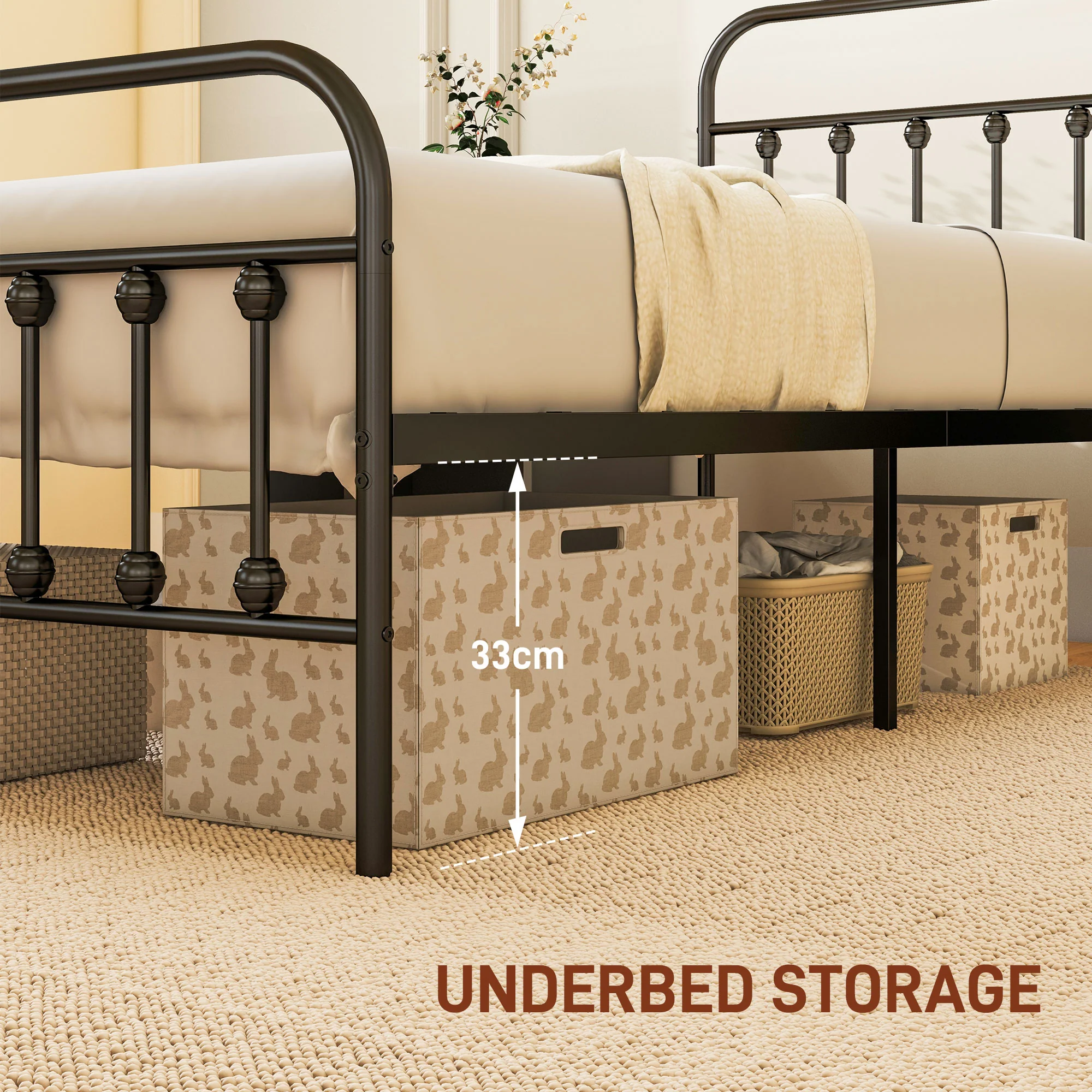 HOMCOM 3ft Metal Single Platform Bed Frame W/ Underbed Storage Headboard Black - Image 4