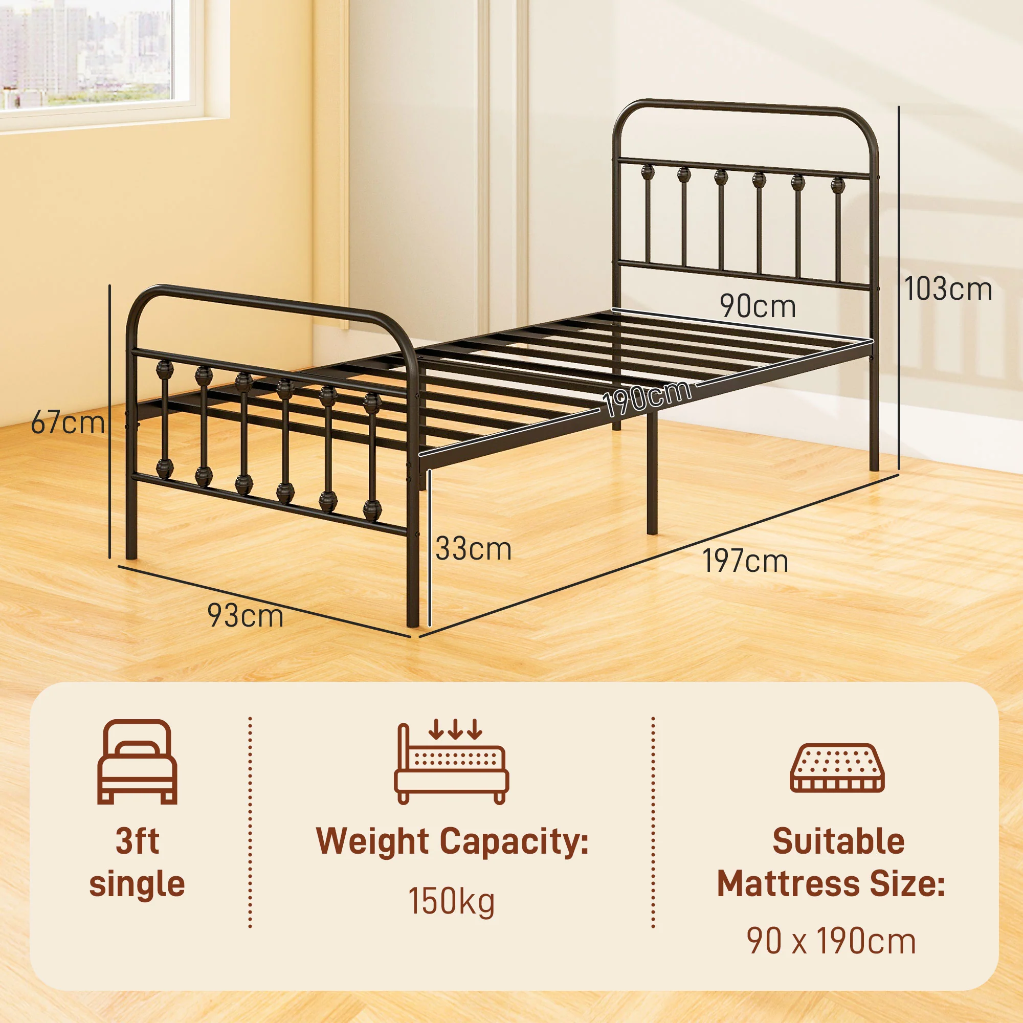 HOMCOM 3ft Metal Single Platform Bed Frame W/ Underbed Storage Headboard Black - Image 5