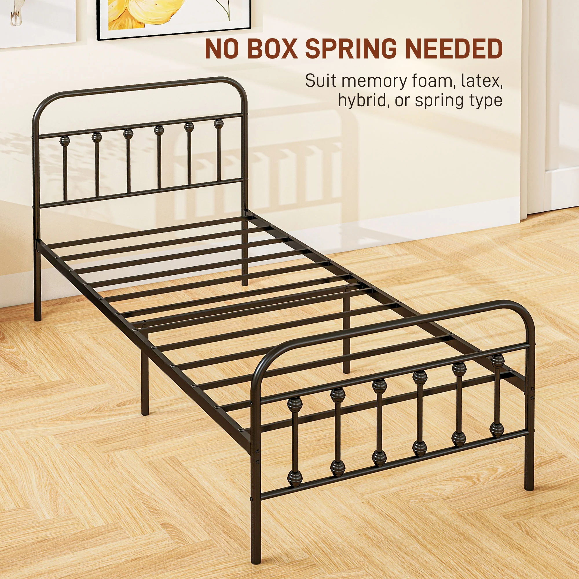 HOMCOM 3ft Metal Single Platform Bed Frame W/ Underbed Storage Headboard Black - Image 6